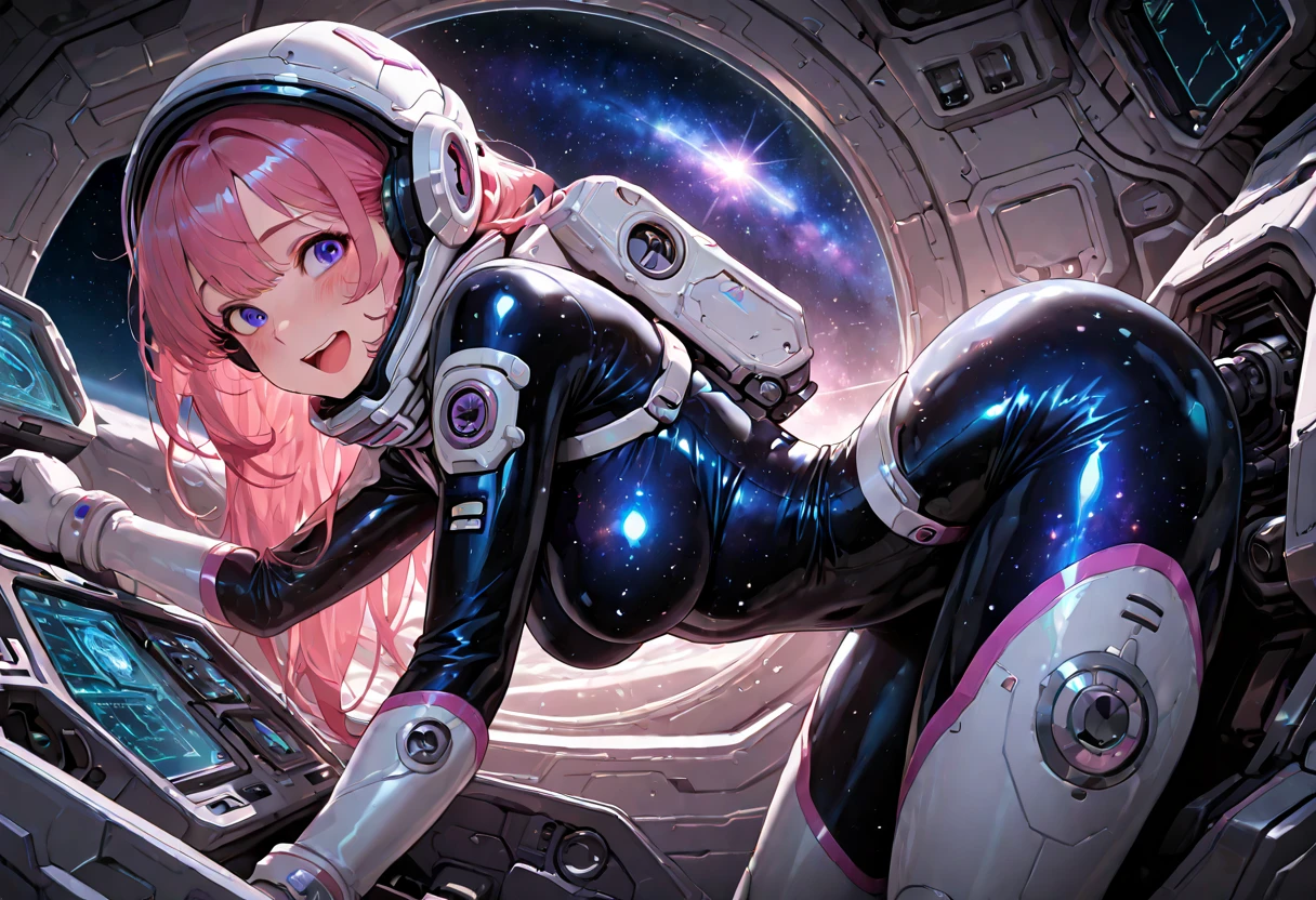1girl ,female astronaut,she is floating in space,she has pink hair,she looks so happy,fullbody,(sexy)