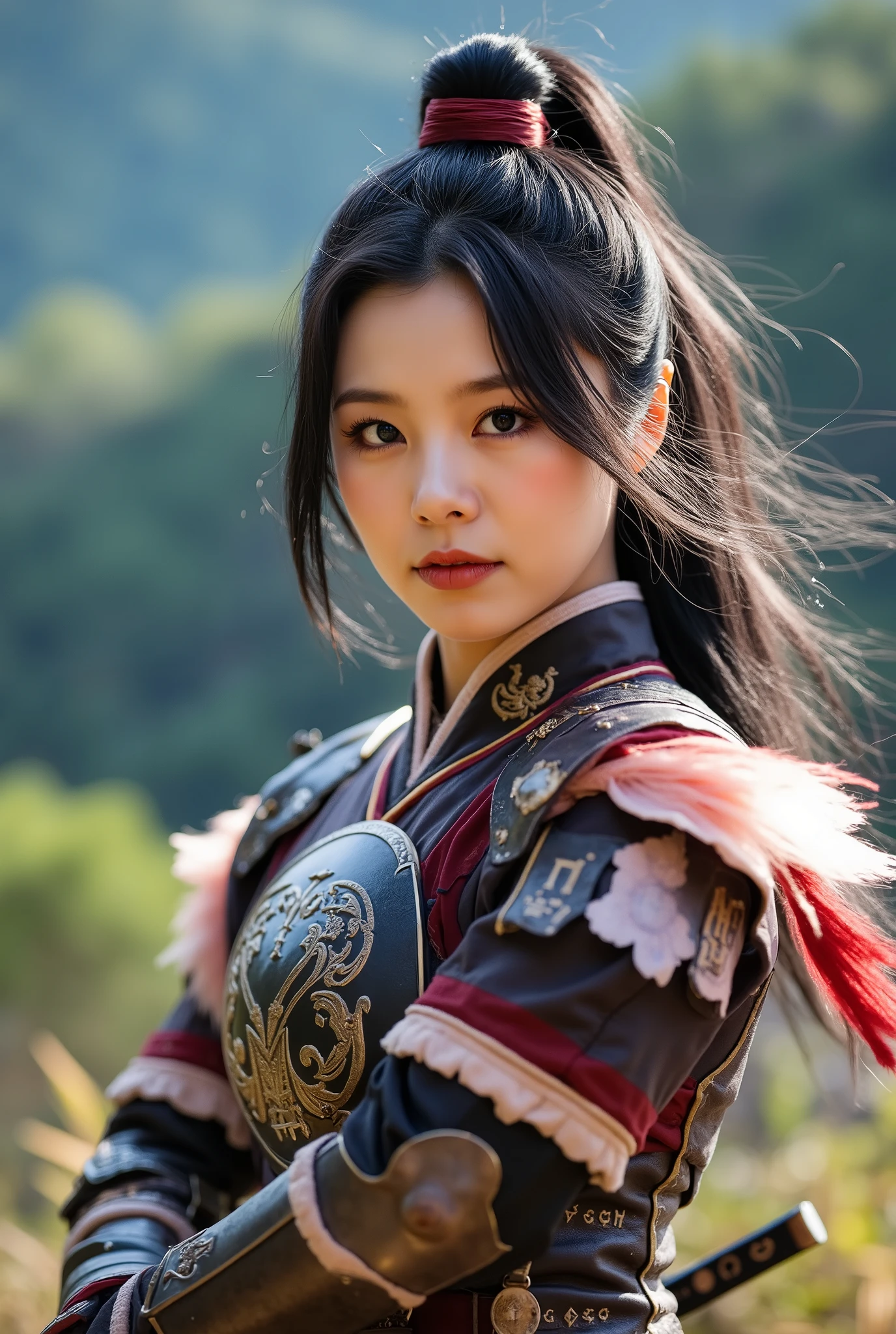 1 girl, beautiful, humanoid, korean armor style , dynamic pose, korean sword on the side wh3ein