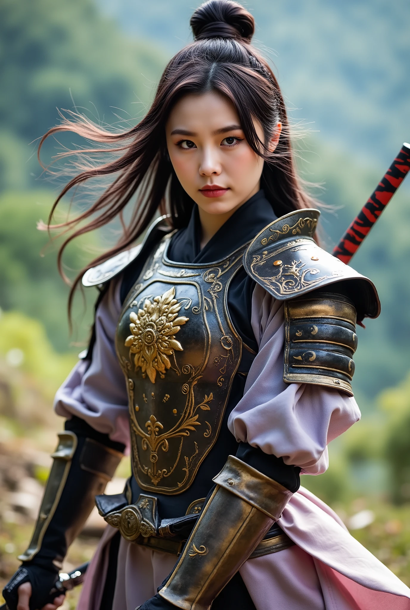 1 girl, beautiful, humanoid, korean armor style , dynamic pose, korean sword on the side wh3ein