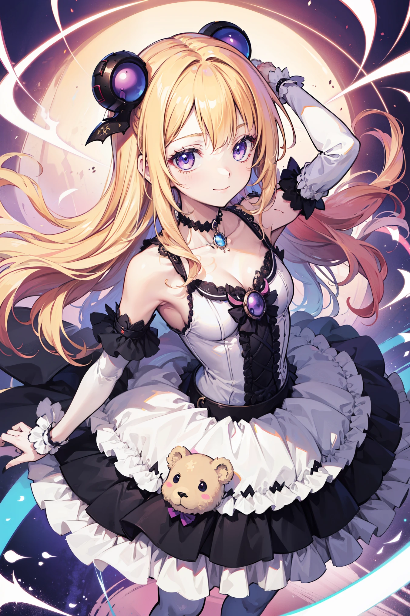 Cute magical girl , ( Double Bomb , Brant Bang, Straight Blonde ), Smile, compensate, Purple Eyes, Small , Curvy Beauty ,dynamic perspective,mischievous posture, A dress blown by the wind,white gothic bear top dress , choker, hands raised above head ,, (Ultra precise, Absolute determination, is the best quality:1.3), 2.5D, Delicate and dynamic , Art photo, super realistic , graphic CG digital cartoon style art