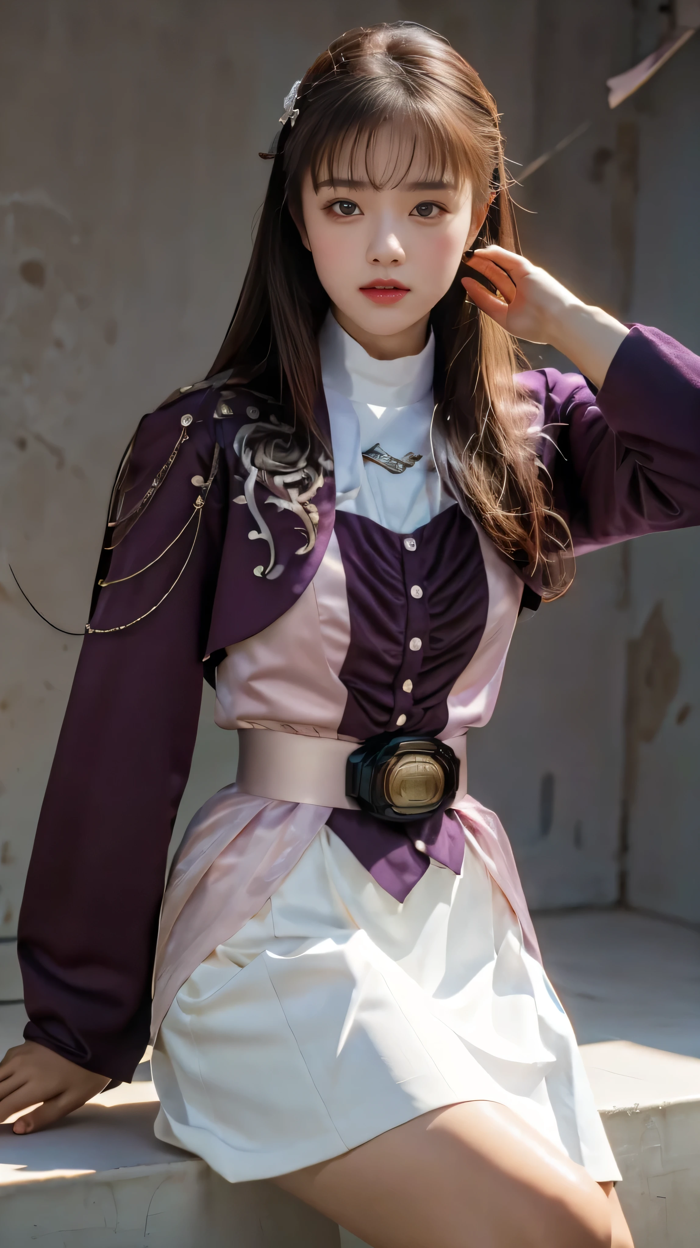 ( 高精細CG),( top quality ),((Frontal View)),((Composition showing the upper body)),((black room background with no lights)),((1girl)), completely complete, shiny skin ,wide hips , thin waist in the video department, purple bolero jacket,((white skirt)),long sleeve , pink belt,((brown hair color )),straight long hair,((Composition showing the part above the knee where the eyebrows are bent in the shape of a C )),((sitting)),