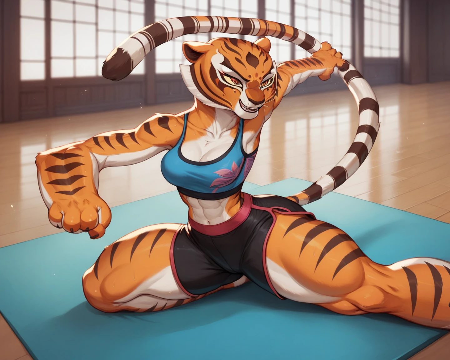 (Masterpiece, Best Quality), (Illustrated), (Detailed Light), (Extremely Exquisite and Beautiful),Behind view,Central stage,Anime model display,anidildo,squatting on dildo,super dildo,dildo in ass,Looking towards the audience,left Side face,solo,full body,furry,tiger girl,Thin arms and thin legs,Opening on the back of clothes,Show back muscles,Back muscles,tiger lined skin,Vigorous body hair,animal beak,tiger nose,tiger tail, capelet ,thighhighs ,armwear ,pelvic curtain,round glasses,tiger tail ,tiger stripe,animal claws, thick fingers,white Sandals,only one