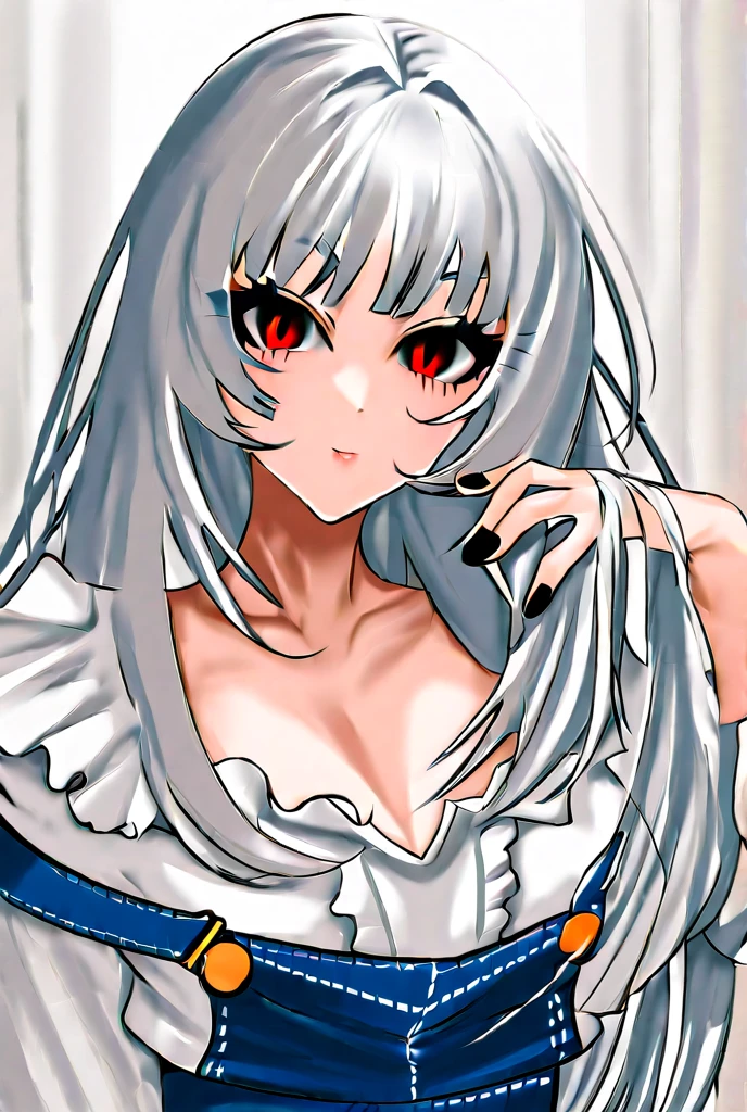 (masterpiece, best quality, beautiful and aesthetic:1.3), 1woman, ((very mature woman)),(30 years old, thirties), solo, light smile, (Silver hair streaked white:1.4), (Gradient silver hair ends:1.6), hair strand, absurdly long hair, single sidelock, wavy hair, shiny hair, floating hair, (deep red eyes), delicate eyes, aqua eyes, super high detailed eyes, long upper eyelashes, makeup, Focus on face, Very detailed facial, Pretty Face, Perfect breasts, hot body, (Delicate skin texture:1.2), bridal veil, lace-trimmed dress, see-through, wedding dress, outdoors, white roses, garden, morning, standing, extreme detailed, light smile