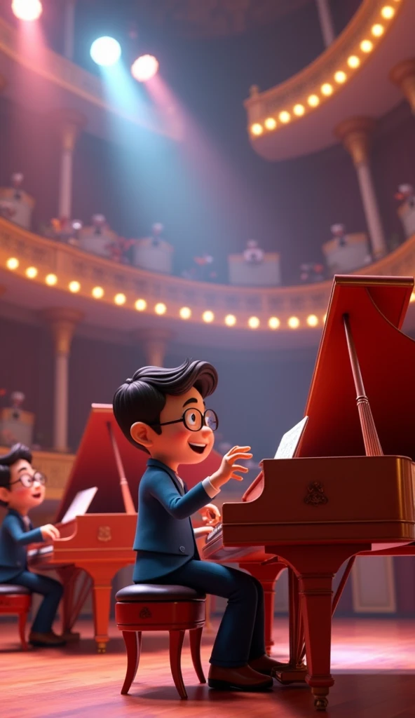 A theater stage with a man controlling a ventriloquist's puppet. Pessoas assistem na plateia