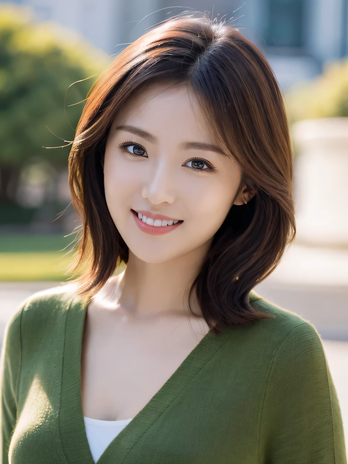 highest quality, full body, waist shot, masterpiece, dark eyebrows, ultra high resolution, realistic, very detailed, professional lighting smile, eagle nose, medium wave hair, random body orientation, background for green park,