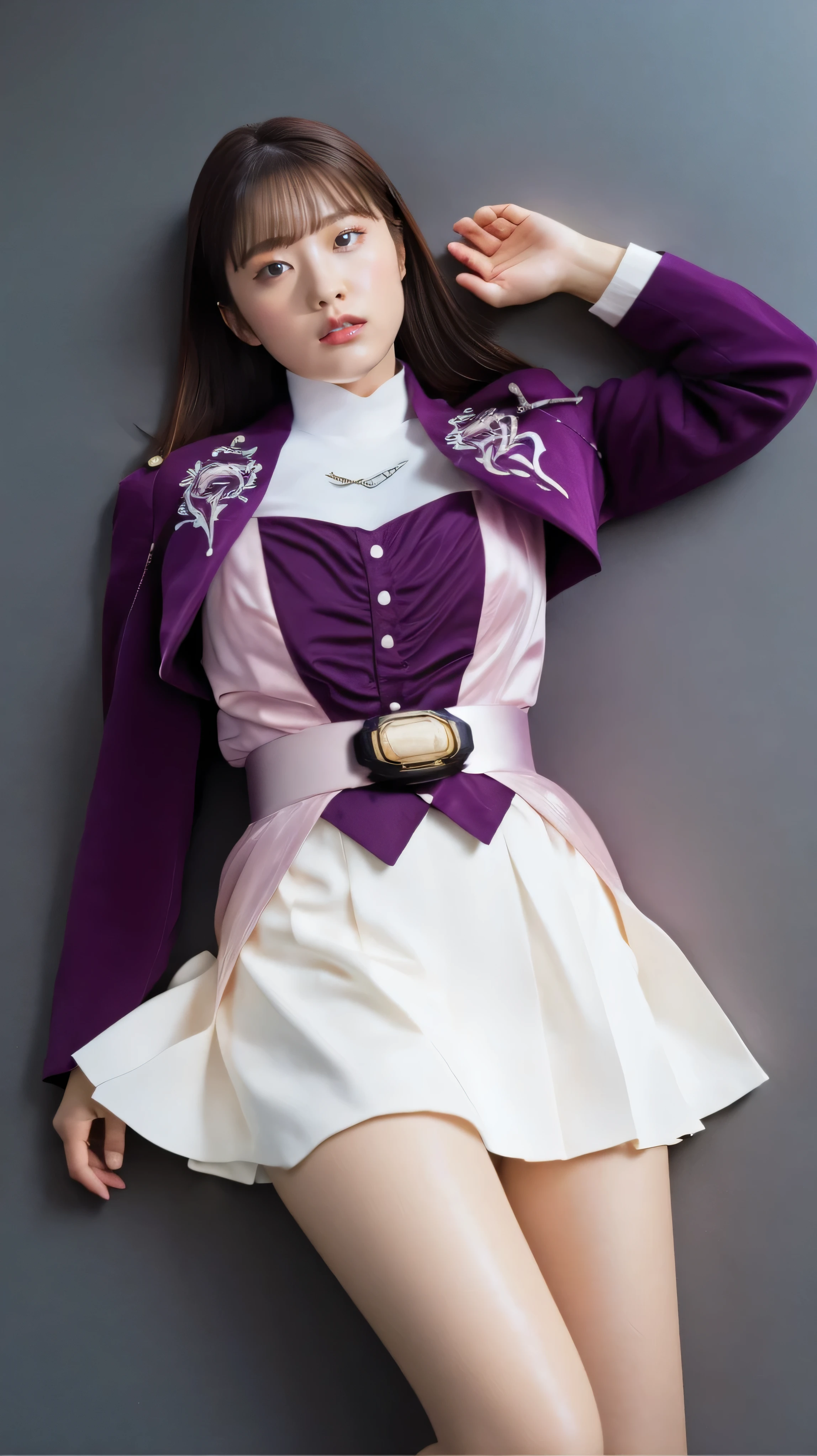 ( 高精細CG),( top quality ),((Frontal View)),((Composition showing the top from the knee)),((black room background with no lights)),((1girl)), completely complete, shiny skin ,wide hips , thin waist in the video department, purple bolero jacket,((white skirt)),long sleeve , pink belt,((brown hair color )),straight long hair,((Composition showing the part above the knee where the eyebrows are bent in the shape of a C )),((lying on your back on the ground)),