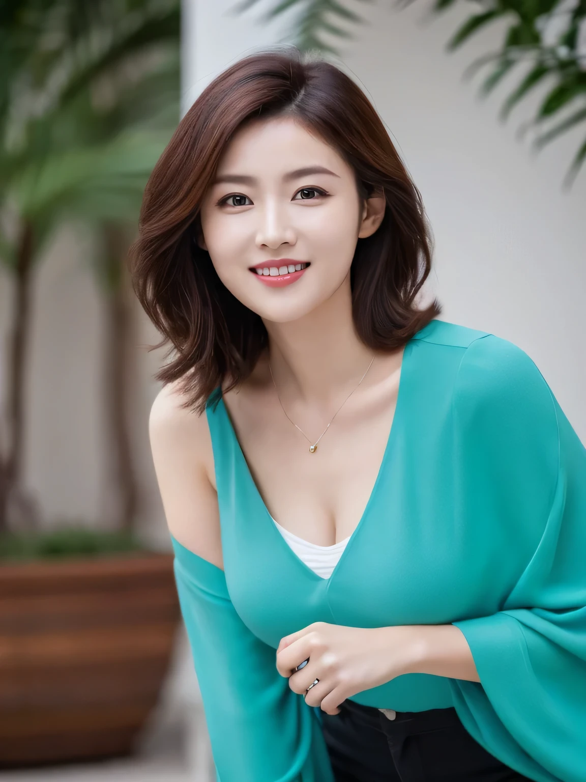 highest quality, full body, waist shot, masterpiece, dark eyebrows, ultra high resolution, realistic, very detailed, professional lighting smile, eagle nose, medium wave hair, random body orientation, background for green park,