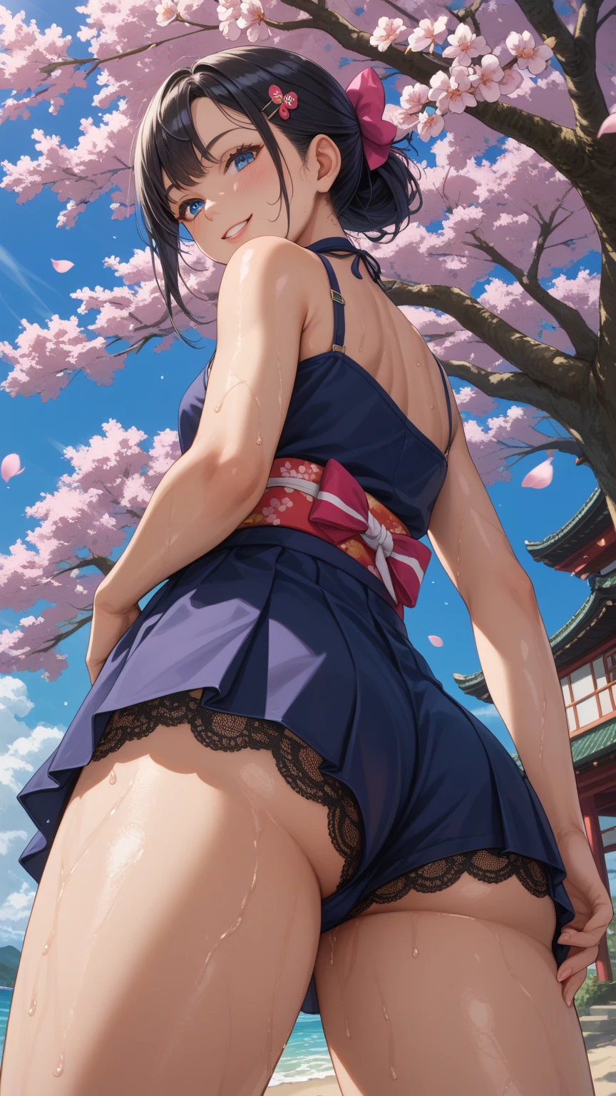 top-quality、extremely delicate and beautiful、Soio、Soio、8--old l、japanes、Lori、Chiquita、elementary stu、((Pink leotard))、(highleg)、Tiara on the head、A smile、is standing、Facing backwards、s ass、Prickets、Pond in the background、the woods、cherry trees
