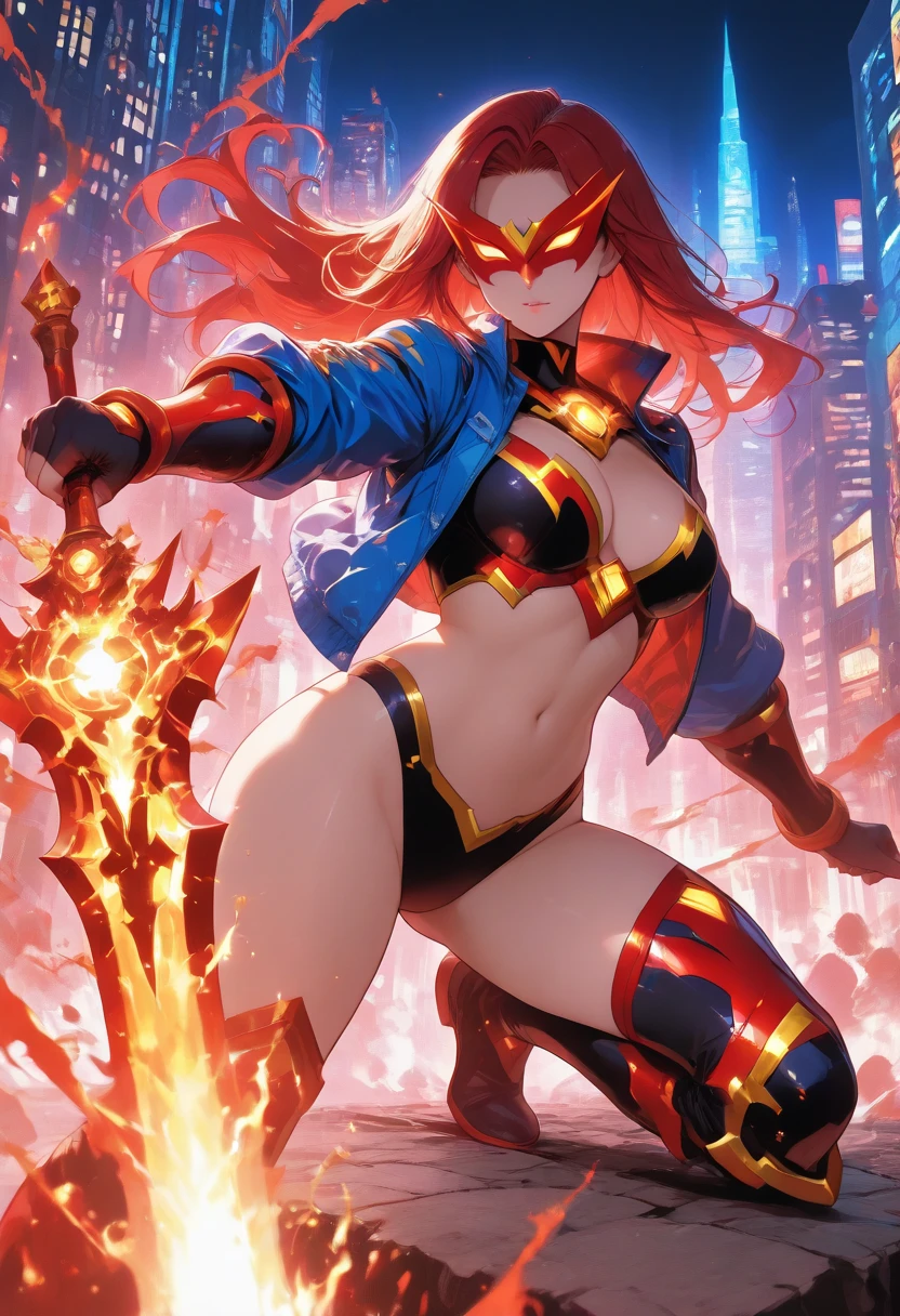 highly insanely detailed, masterpiece, top quality, best quality, highres, 4k, 8k, RAW photo, (1girl),solo,Lsatanus, red hair, red eyes, bikini, gloves,red bikini armor, colored sclera, cape, thighhighs, boots, pauldrons, choker, (fiery hair), glowing eyes, glowing,
watercolor, line art,
movie composition, amazing composition,
large breasts,
night, city, neon,
blurry background,
nsfw,
floating hair,
magic, fire,
dynamic pose,
(dynamic colors), (random colors), <lora:Lady_Satanus_v01-000002:0.75>