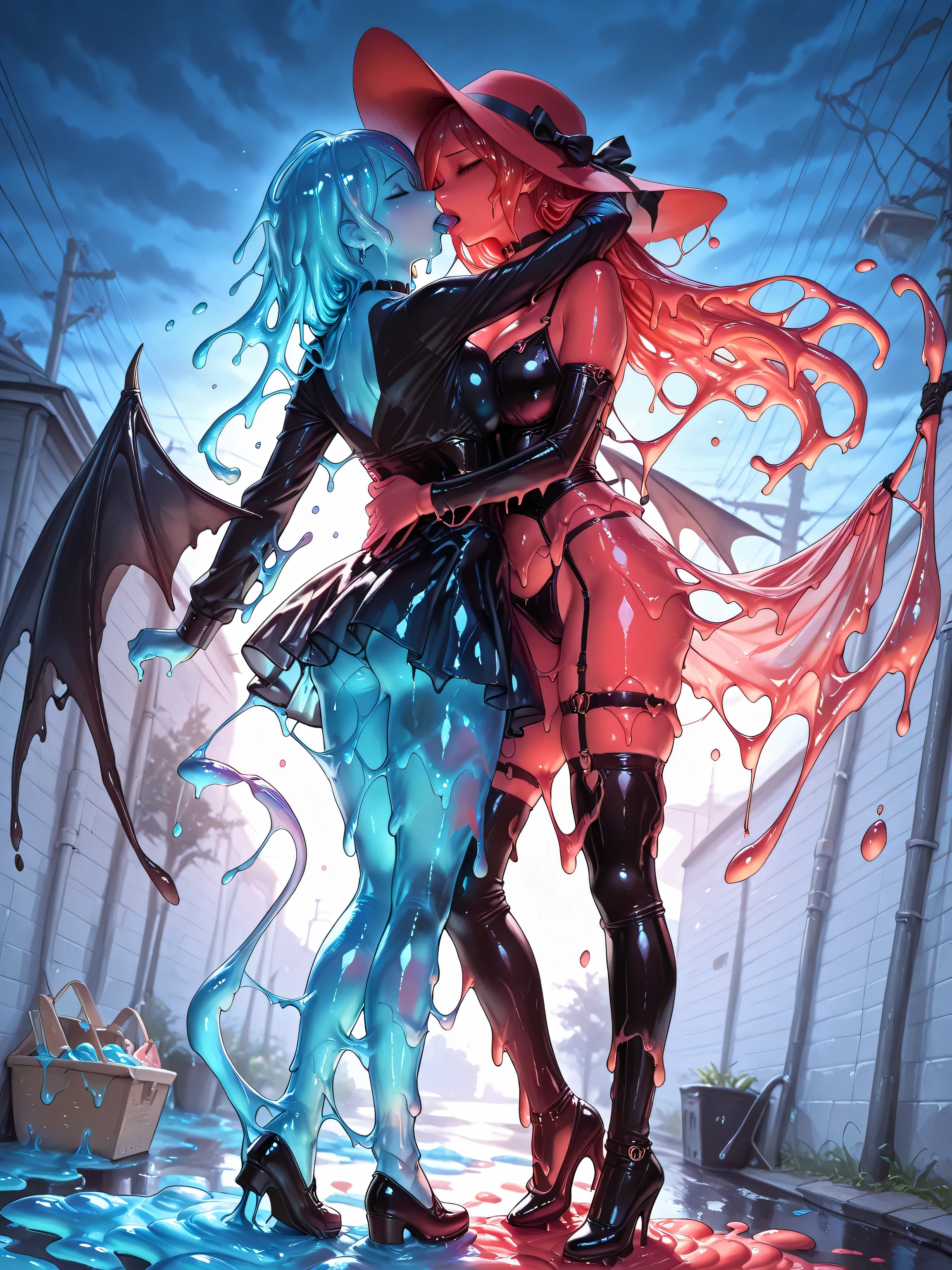 (2women:1.0, blue slimegirl:1.0, red slimegirl:1.0, translucent:5.0, translucent slimegirls:1.0, slimegirl sex, shuddering), lesbians, melt, melting, fully melted:1.0, slimification, transformation, melt into a puddle:1.0, ultra high detail, slimegirl hair, melting hair, POV