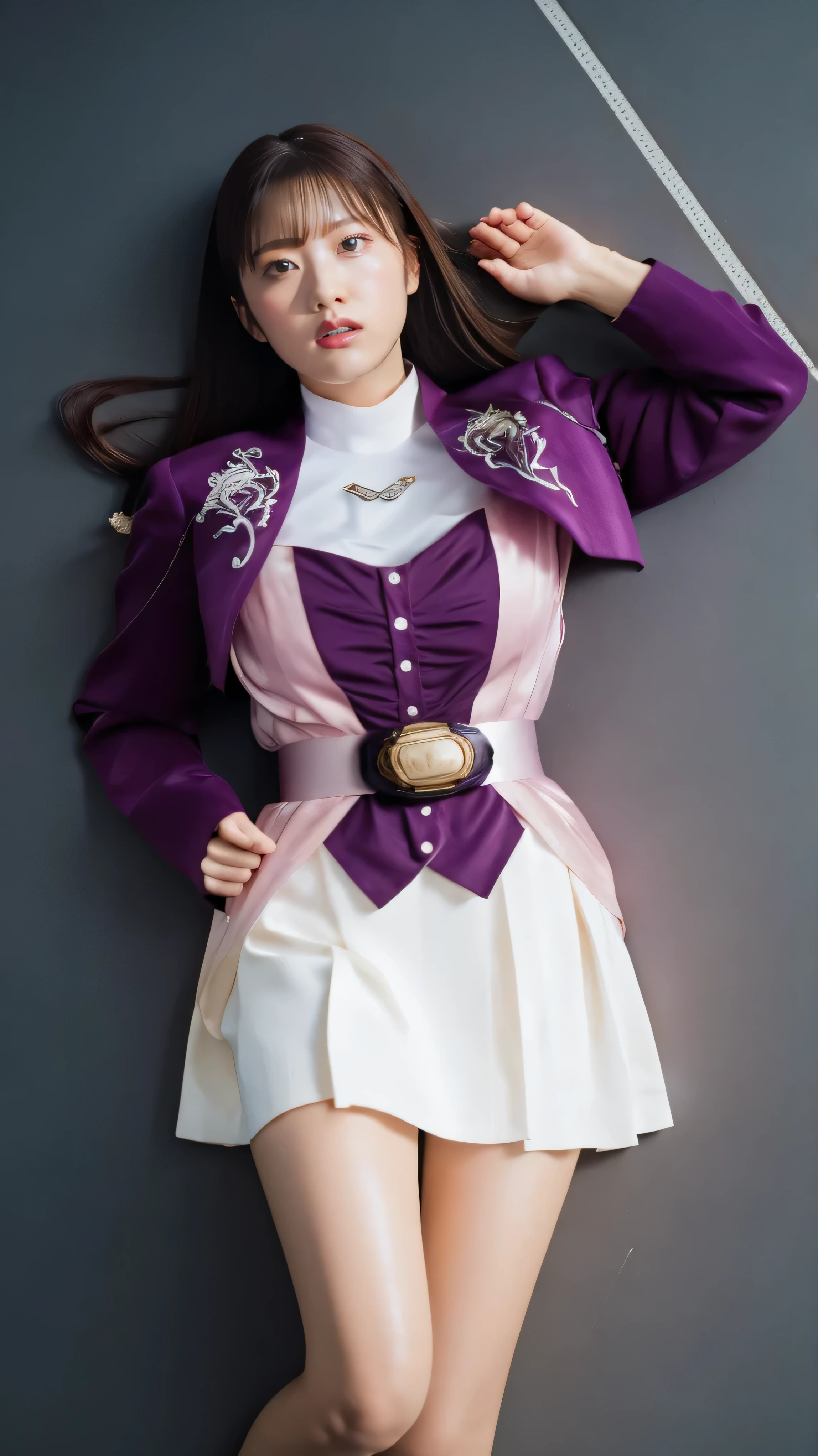 ( 高精細CG),( top quality ),((view from directly above)),((Composition showing the top from the knee)),((black room background with no lights)),((1girl)), completely complete, shiny skin ,wide hips , thin waist in the video department, purple bolero jacket,((white skirt)),long sleeve , pink belt,((brown hair color )),straight long hair,((Composition showing the part above the knee where the eyebrows are bent in the shape of a C )),((lying on your back on the ground)),