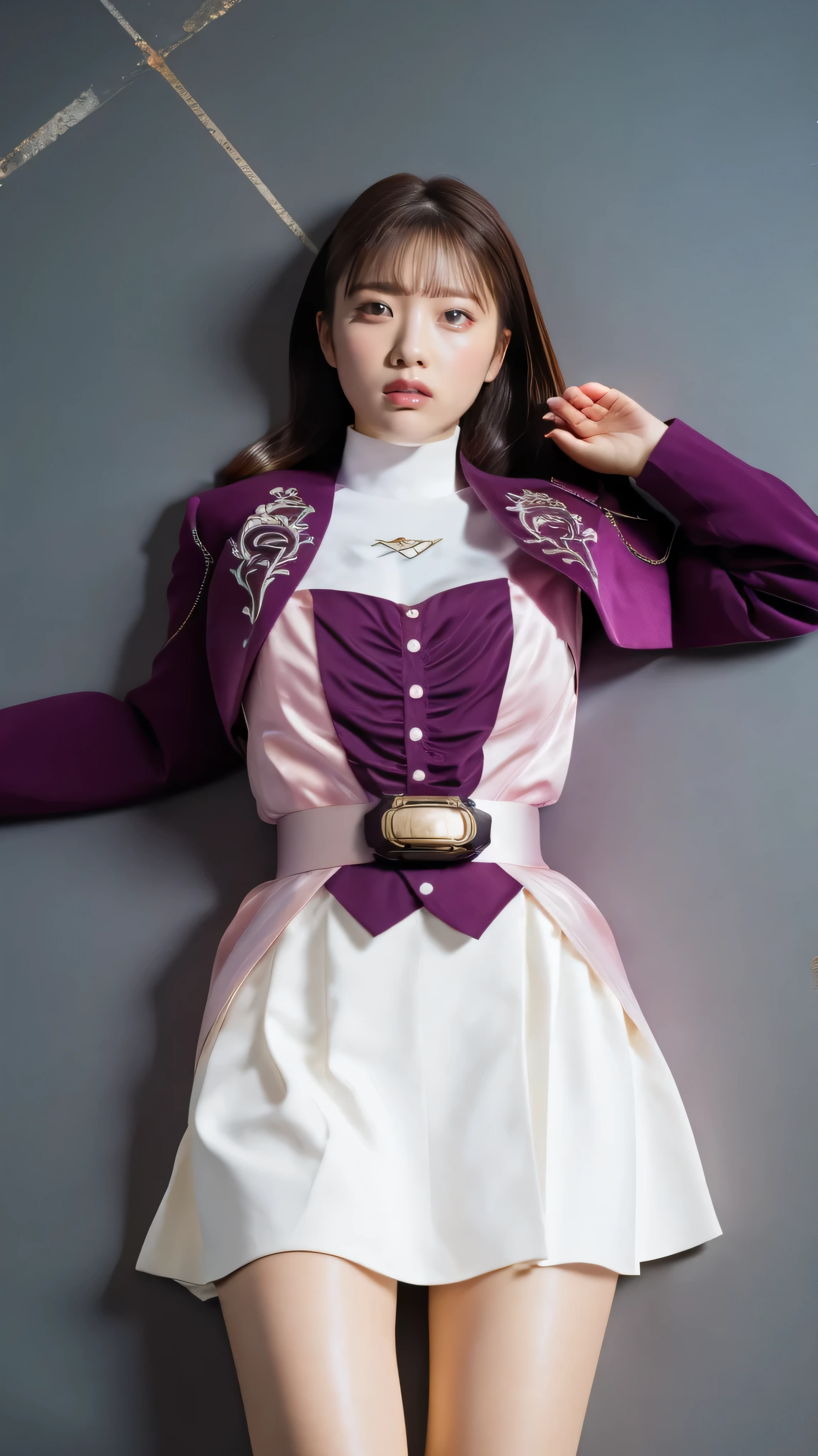 ( 高精細CG),( top quality ),((view from directly above)),((Composition showing the top from the knee)),((black room background with no lights)),((1girl)), completely complete, shiny skin ,wide hips , thin waist in the video department, purple bolero jacket,((white skirt)),long sleeve , pink belt,((brown hair color )),straight long hair,((Composition showing the part above the knee where the eyebrows are bent in the shape of a C )),((lying on your back on the ground)),