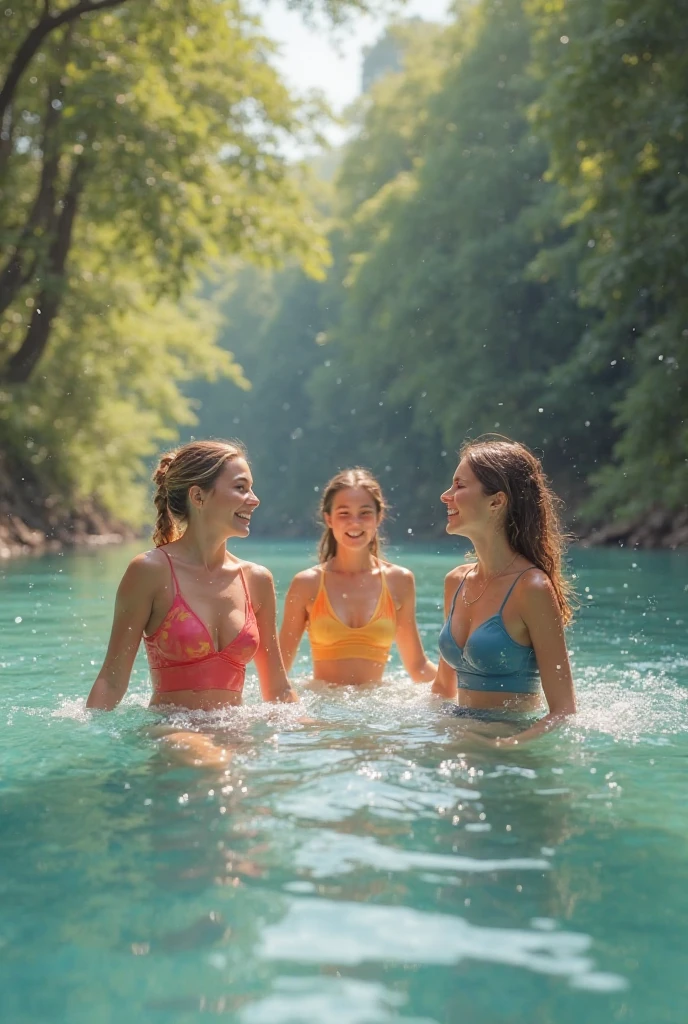 Create a highly realistic scene set on a crowded island in the middle of a river on a hot summer day. The focus is on two 12-year-old Italian adolescent girls and one 8-year-old girl, all playing joyfully in the water.
The two 12-year-old girls are standing waist-deep in the river, laughing and splashing each other. One girl has long, straight brown hair tied back in a ponytail and is wearing a vibrant blue bikini. She splashes water towards her friend with both hands, her face lit up with laughter. The other girl has short, wavy blonde hair and wears a colorful one-piece swimsuit. She is mid-splash, sending an arc of water back at her friend, her expression joyful and playful.
The 8-year-old girl, shorter and more , stands between them. She has long, wavy brown hair tied back with a ribbon and is dressed in a pink one-piece swimsuit. Her hands are cupped, ready to splash water, and her face shows pure delight as she joins in the fun. Her skin glistens with water droplets in the bright sunlight.
Around them, the island is bustling with activity. Families and groups of friends are spread out on the sandy shore, some setting up picnic areas with coolers and umbrellas. Children are running around, playing games, and splashing in the shallow waters at the river's edge. A group of teenagers is nearby, tossing a frisbee back and forth, while others lounge and chat in the sun.
In the background, the river flows gently around the island, reflecting the bright sunlight. The trees along the riverbank provide a bit of shade and greenery, contrasting with the sandy beach and the clear blue sky overhead. The atmosphere is lively and vibrant, filled with the sounds of laughter, splashing water, and cheerful conversations.
This scene captures the joy and excitement of a summer day spent on the river island, with the girls enjoying the water and the lively, crowded environment around them