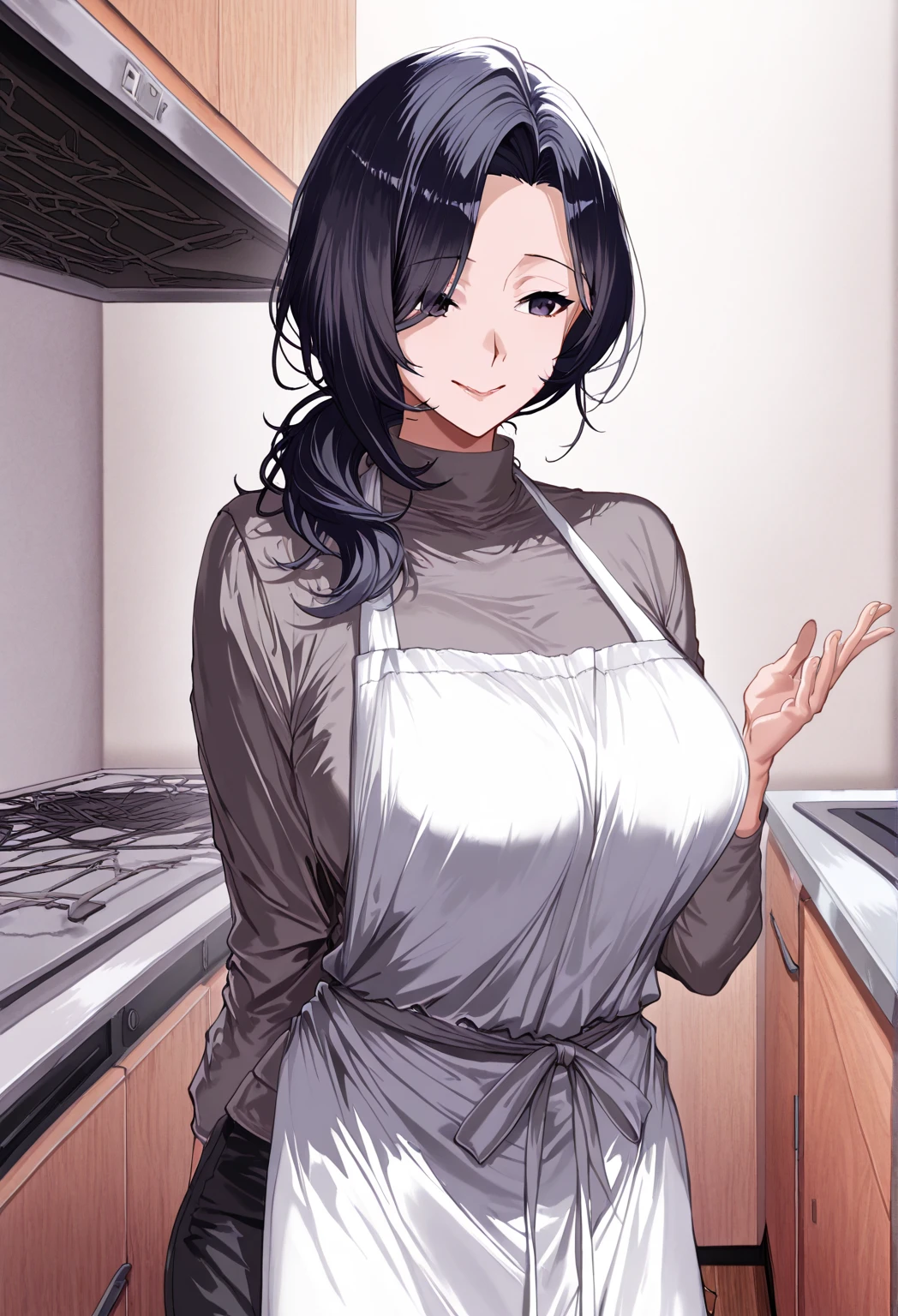 ((1girl, solo)), mikoto uchiha, large breasts, beautiful body, (perfect anatomy, perfect body, perfect hands, perfect legs), nice hands, natural proportions, sexy body, standing, arm support, cowboy shot BREAK
((extremely detailed face)), (black eyes:1.5), (black eye shadow:1.3), (beautiful detailed eyes:1.6), (realistic pupils, realistic iris:1), expressive eyes, looking at viewer, (clear eyes:1.3), (hyperrealistic:1.2), (detailed skin texture:1.2), smooth skin, (black hair:1.5), bangs, sidelocks, long hair, (detailed lips:1.2), (attractive lips:1.1), (glossy lips:1.1), ((smile)), perfect face, perfect eyes BREAK
black shirt, collarbone, cleavage, sleeves rolled up, brown apron, thighs, thigh gap, ass visible through thighs BREAK
(masterpiece:1.5), anime-style, top quality, best quality, (beautiful and aesthetic:1.2), (ultra detail:1.5), Ultra-detailed depiction, Ultra-precise depiction, extremely detailed 8k illustration, high resolution, (highly detailed shading:1.2), (realistic lighting:1.4), perfect lighting, vibrant colors, dynamic tones, striking hues, 8k, absurd resolution, perfect shadows, hdr, UHD, ambient lighting, realistic, ultra-realistic, photo realistic, highly detailed, rich detail, luminous colors, fine texture, intricate design, professional illustration, (soft light:1.2), (illustration:0.7)
