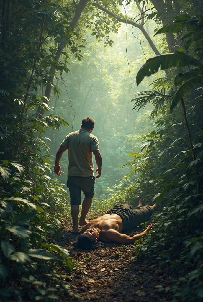 From a tree we see a woman covered with mud Half-naked man lying. alrededor de una planta de marihuana