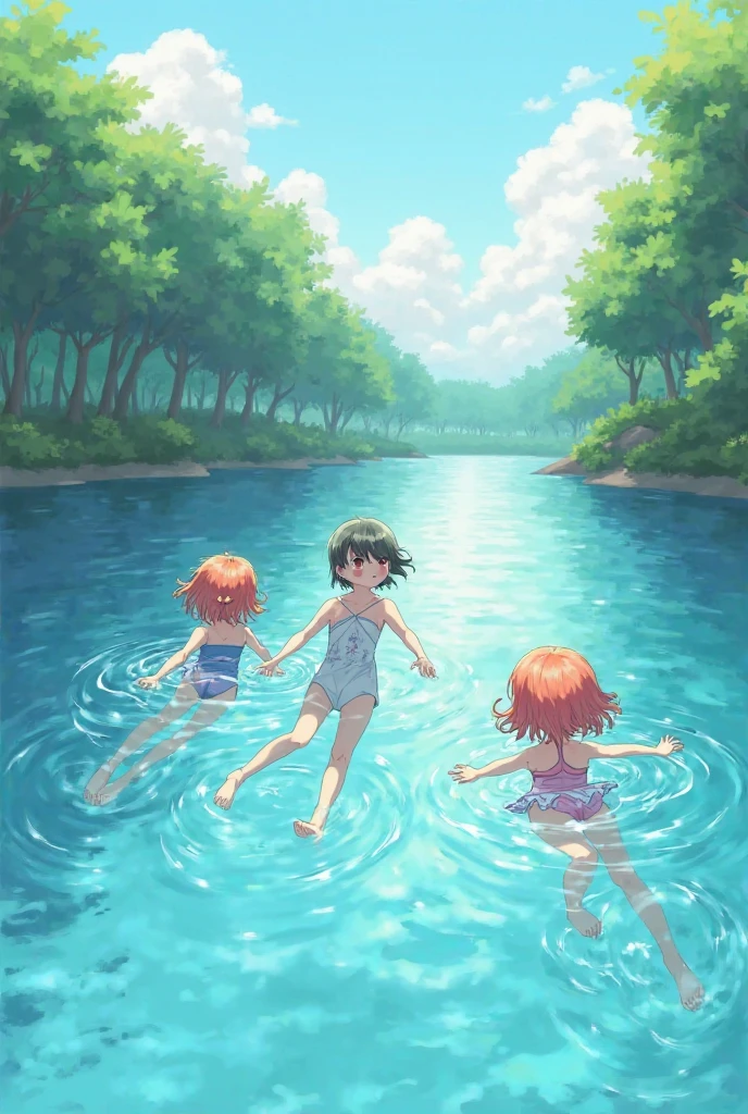 masterpiece, best quality, 2girls, (closeup), 18yo teen, slim, small breast, smile, tired, wading in water, panties, topless, nipple, goggles on head, (backpacks), military pants, blue sky, bright sunlight, (flood), city ruins, watercolor