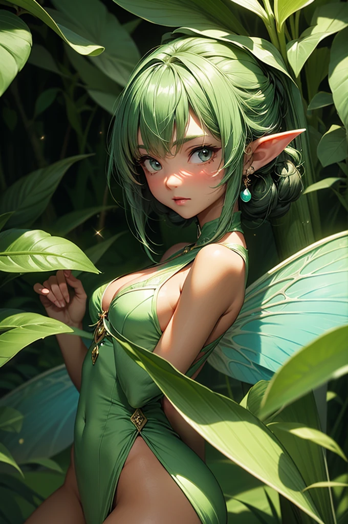 sweet sexy fairy that looks like a grasshopper sitting on a dewy mushroom with a rye smile short skirt and green panties