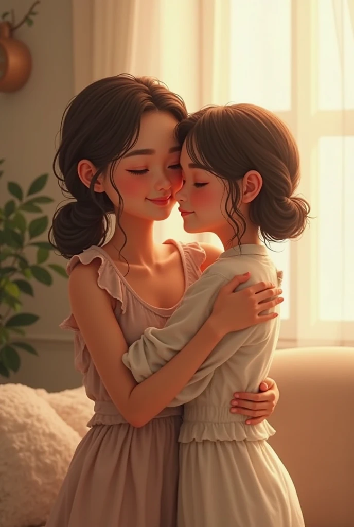 (Obra maestra:1.2), Mejor calidad, (illustration:1.2), (ultra detallado), hiper detalles, (delicado detallado), (detalles intrincados), (cinematic light, Mejor calidad Backlights), Delete line, Cuerpo perfecto, The image depicts a mother embracing her , capturing a tender moment suitable for celebrating Mother's Day. The style emulates a child's drawing and storybook illustration, using a watercolor palette to convey warmth and intimacy. The background and overall atmosphere of the scene radiate kindness and coziness, enhancing the emotional connection between the, (constituir), alto contraste, (mejor iluminacion, un extremadamente creado y hermoso), (cinematic light), vistoso,