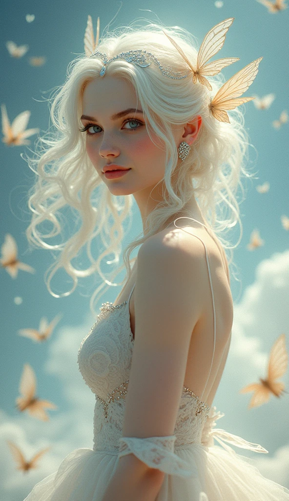 Masterpiece illustration, fantasy world, a cute woman (from behind, slim, skimpy paper dress, pale white skin, perfect breasts, (red lips:0.5), (wet shiny skin:1.2), lush silver hair) stands on perfect clean sand surface, surrounded by thousands paper birds flying around, lush clouds, volumetric light, soft morning light, pink pastel sun, pink clouds, dof, bokeh