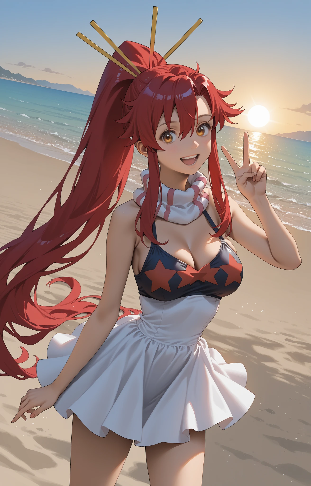 PonyXLV6_Scores 1girl, clothed, yoko littner, v, in beach, sunny , sea, sand, sun, by nilsunna, looking at viewer, happy, dutch angle, curvyâââ