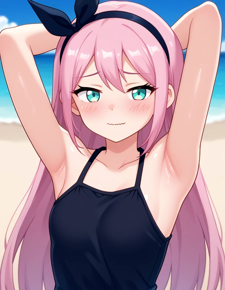 aubreyomori, aqua eyes, pink hair, hairband, small breast, long hair, black shirt, sleeveless, game screencap, shiny skin, high quality, solo, upper body, (contrapposto), spread armpit, armpits, armpit focus, hand behind head, closed mouth, night sky, beach, looking at viewer, wavy mouth, shy, best quality