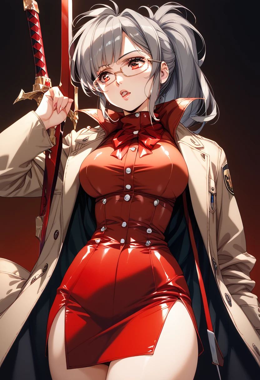 ((masterpiece、Highest quality、Very detailed))、One girl、Gray Hair、bob cut、White eyes、evil smile、Moderate breasts、((Top Hat))、((red tuxedo:1.3))、((red highleg leotard))、Cowboy Shot、Spotlight、Stage background