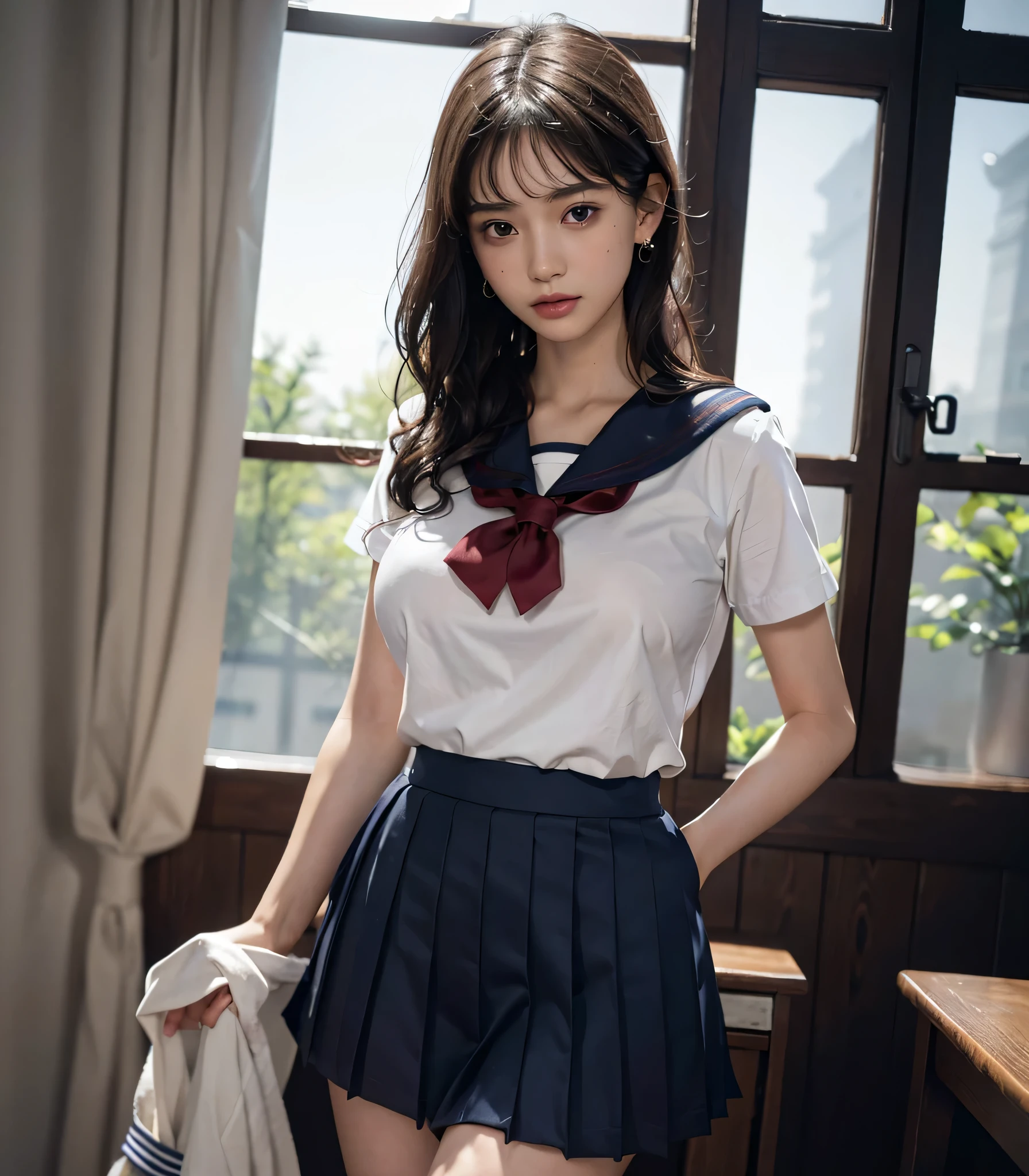 absurdres, RAW photo, extremely delicate and beautiful, masterpiece, Best Quality, ultra high resolution, 32k, hyperrealistic, ultra-detailed, perfect anatomy, perfect figure, super Detailed skin, Very detailed CG 8k wallpaper, in her 20s, very Slim body, narrow waist, very small head, very small face, delicate facial features, tearful mole, earring, thin legs, (very huge round breasts:1.2), (full body shot:1.1), solo, short hair, (wavy hair:1.2), wet clothes, (school uniform:1.3), shirt,