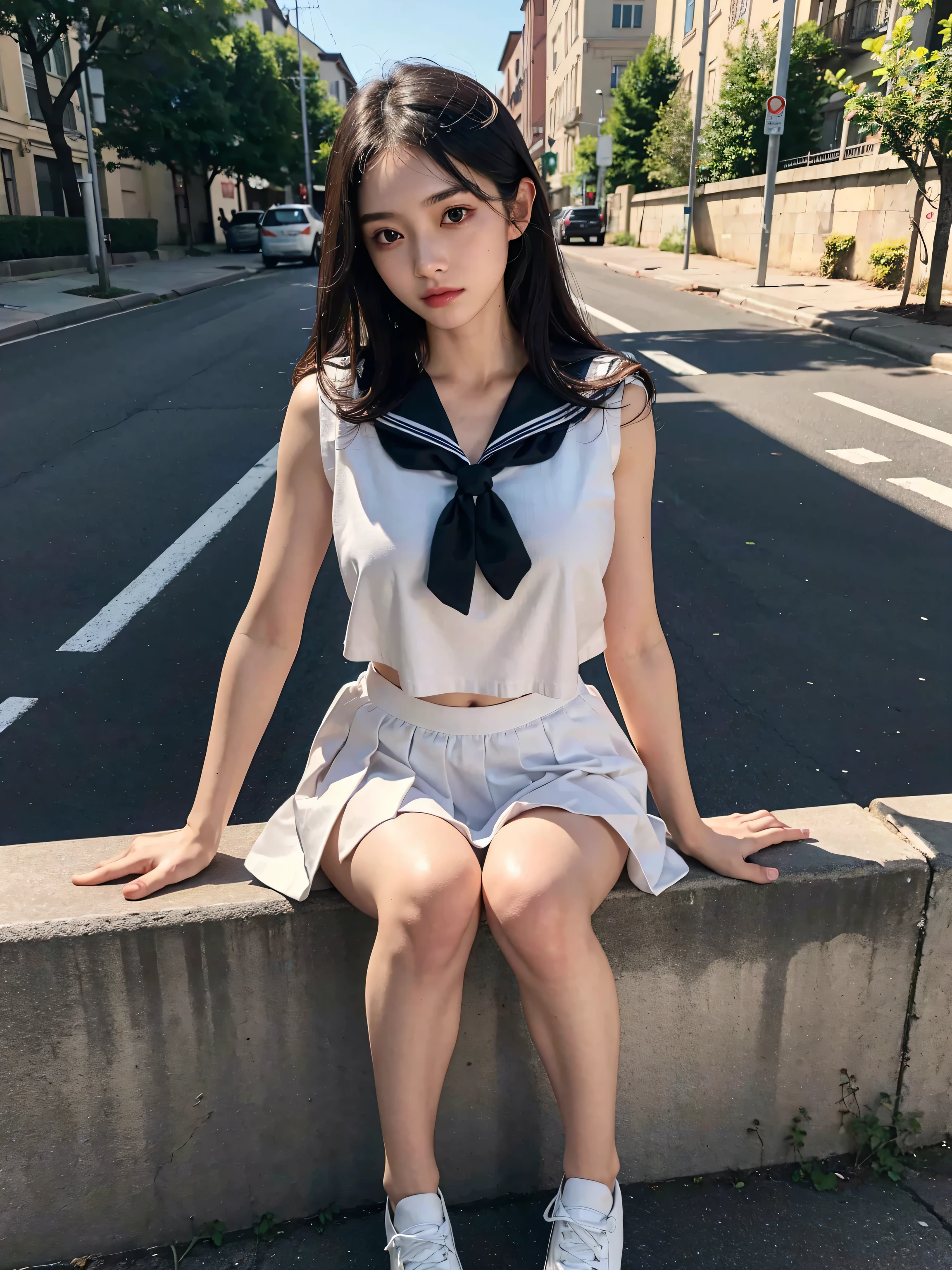 best quality、professional writing、 Meticulous workmanship、high resolution、(8k, high resolution:1.2)、(original photo, Reality:1.3)、masterpiece、Slender body type、HD face、Face clarity、HD Eyes、(Focus, symmetrical pupils:1.2)、slim body、HD beautiful skin、Firming skin、Natural Makeup、Big lips, HD hair texture、 (Japanese high school girl)、gorgeous、17 years old、Lovely, Hair Bun, classroom、(Sailor Suit、Black socks、Black loafers:1.3), (Sitting on the floor next to the wall:1.3), (Hold your chest tightly with your arms:1.3), very Lovely, (so awkward:1.3), (blush:1.3), (scared:1.3), Strange expression、Looking up at the camera:1.2、(Shirt open front:1.2), (cleveage, National Foundation)