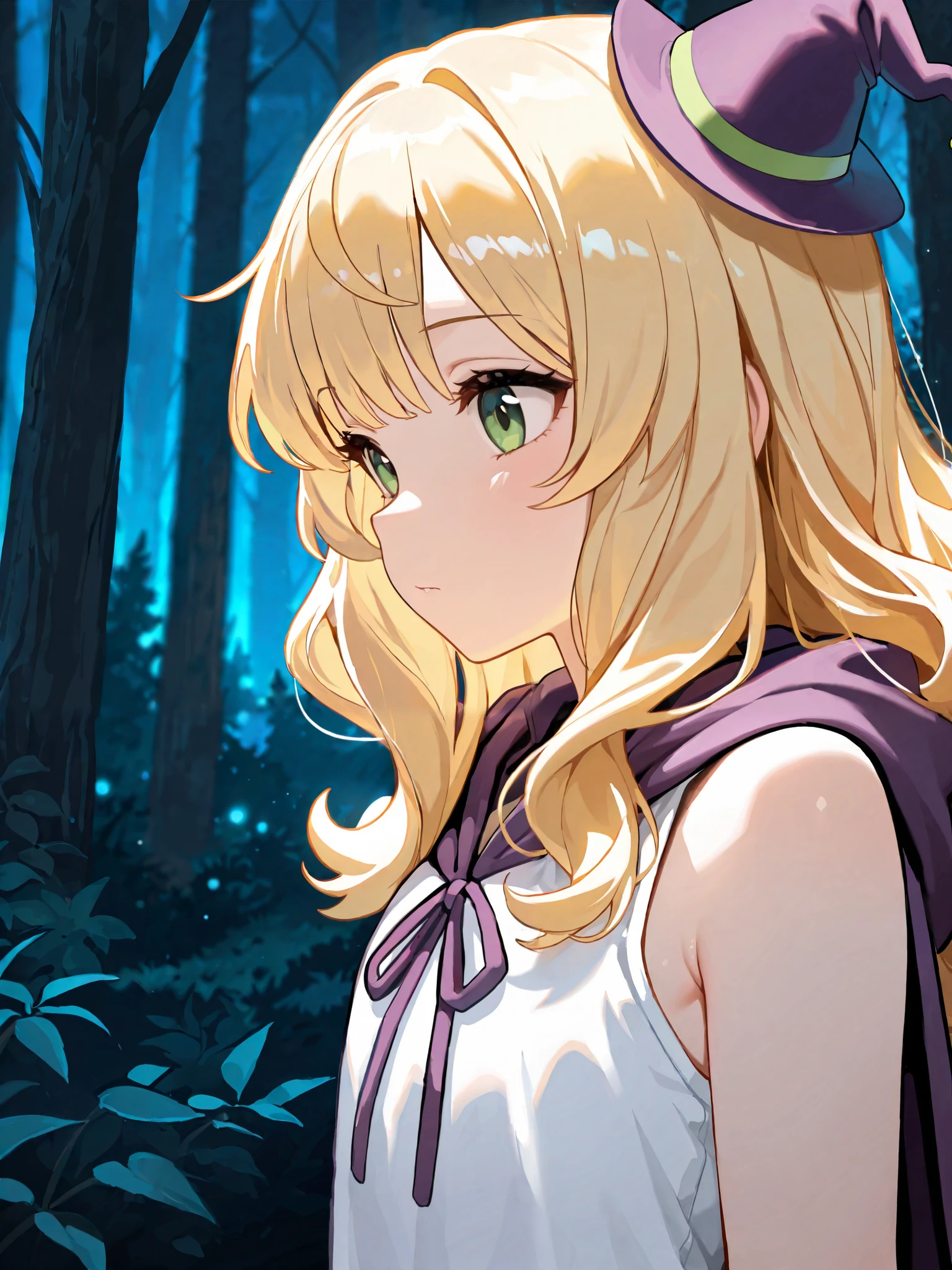 (masterpiece), top quality, completely complete, solo, small, Light color,
long hair, wave hair, short bang, Blonde Hair, green eyes, Flat chest,（witch:1.5),（Purple Witch's Robe ), small pointy hat, The inner is a white sleeveless shirt,
forest,  Night, (close-up:0.7), 
