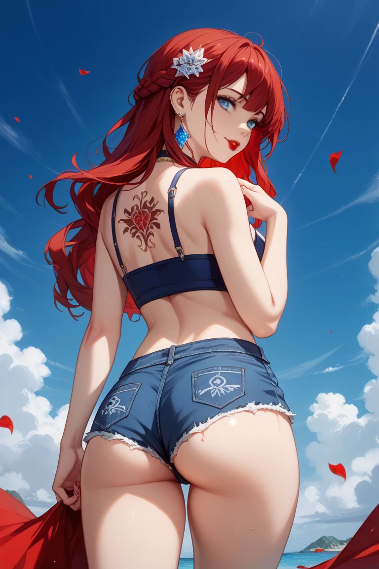masterpiece, best quality, yukaii, jacket, sleeves rolled up, tube top, (((hands striped panty))), belt, white panty, large breasts, standing, cowboy shot, (((turn back))), (((show her butt))), from below, sky, clouds