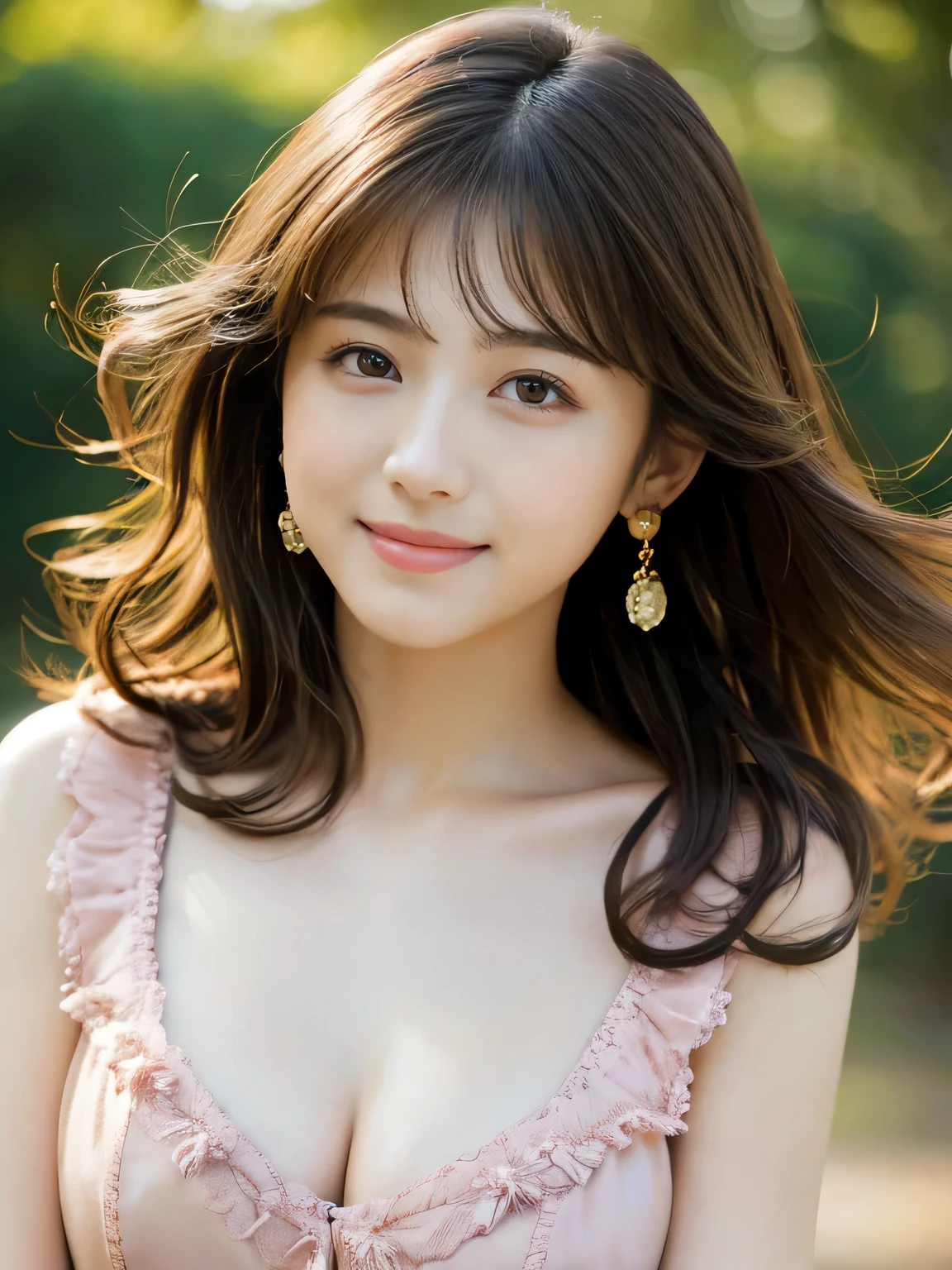 (RAW photo, highest quality), naked, Sheer Dress, tight waist、necklace, 、very delicate and beautiful, soft light, (brown hair, short hair swaying in the wind, bangs), beautiful detailed girl, (finger details), highly detailed eyes and face, beautifully detailed nose, beautiful and detailed eyes, 1 girl, Japanese, Neat beauty, cute, young, smile, , (medium breasts), realistic face, realistic body, From navel to head、naked, The hair on the skin shineole on face and chest、dress swaying in the wind、stare at the camera、tight waist、garden、Bokeh