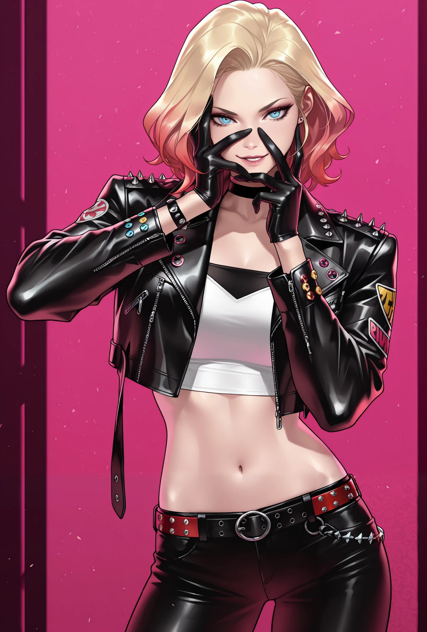 masterpiece, best quality, amazing quality, newest, very aesthetic, 1girl,Image is a vibrant, stylized illustration in a comic book art style featuring a female character with a confident pose. She has light skin, blue eyes, and straight blonde hair that falls to her shoulders. Her expression is assertive, with a slight smirk. She wears a white, quilted leather jacket adorned with various pins and patches, and a form-fitting white crop top featuring a colorful graphic of four stylized figures in dynamic poses. The top has bold, black and red colors with yellow accents. Her hands are gloved in white, and she holds one hand near her face, adding to her confident demeanor. The background is a solid, bright pink, enhancing the boldness of the character's appearance. The overall composition is dynamic and eye-catching, with a focus on the character's stylish and modern attire.