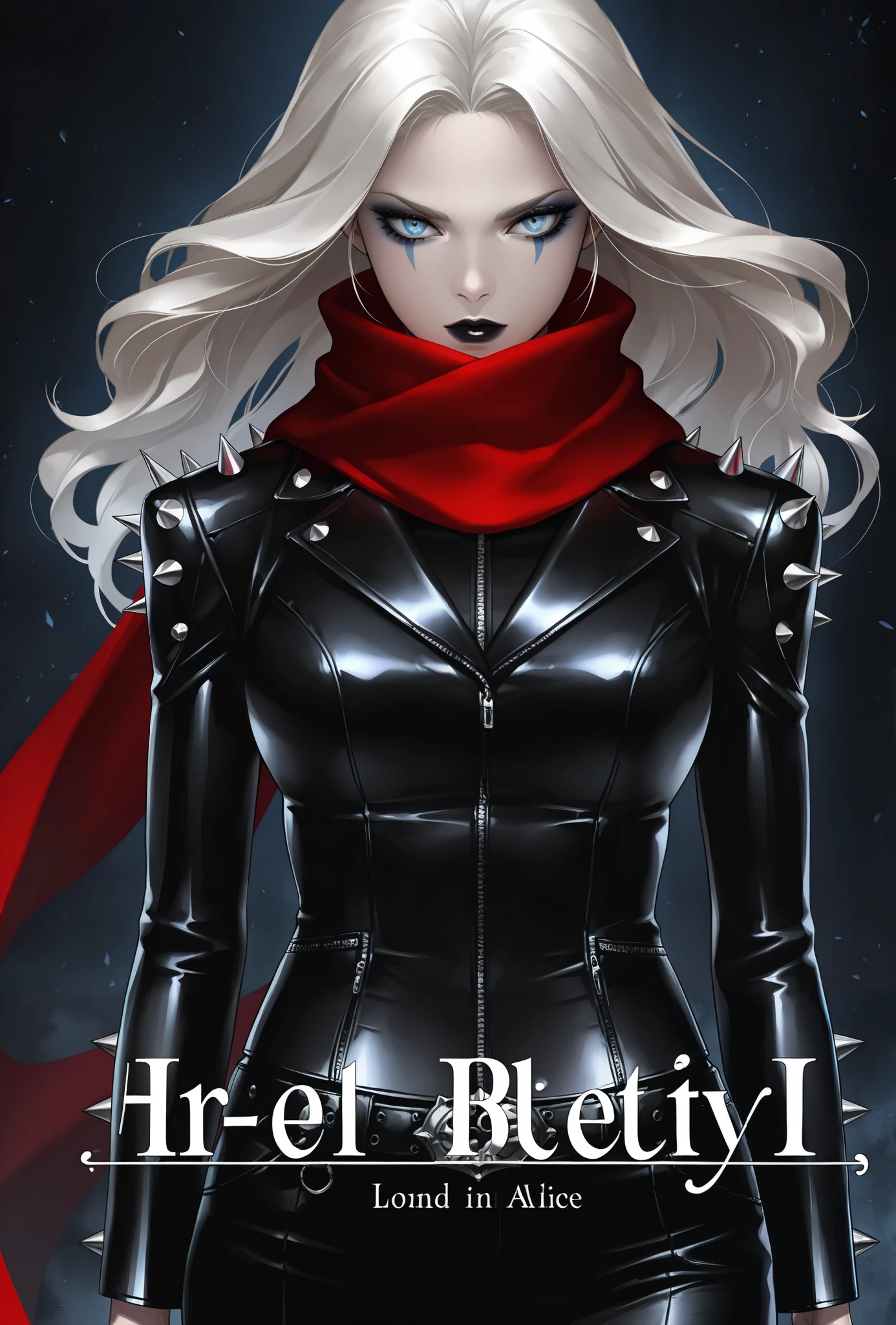 Image is a split-style comic book illustration featuring two distinct characters. On the left, a character with a dark, edgy appearance is depicted. She has light skin, long white hair with black streaks, and wears a black leather outfit adorned with spikes and a red scarf. Her expression is fierce, and she has dark lipstick and eye makeup. The background is black with the word 'MALICE' in bold, red letters. On the right, a character with a more heroic appearance is shown. She has light skin, blonde hair, and wears a form-fitting white and blue suit with the number '4' prominently displayed on her chest. Her expression is confident, and she has blue eye makeup. The background is white with the words 'INVISIBLE WOMAN' in bold, blue letters. The contrasting styles highlight the duality of the characters.