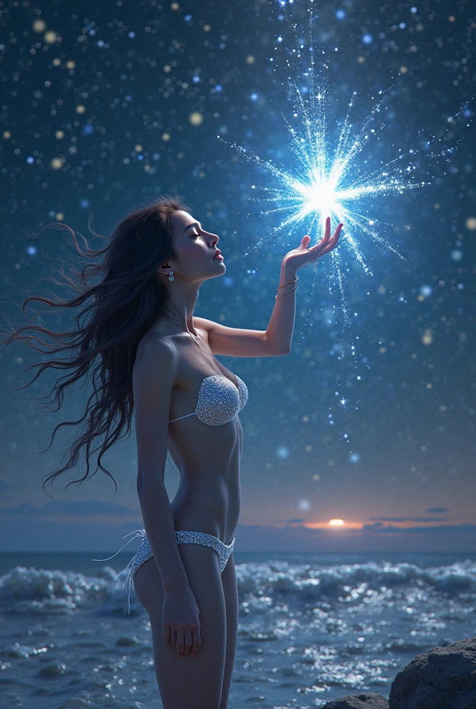 Digital painting by MSchiffer of a female Goddess, her physical body is transforming into smoke, wearing elegant robes as clothing that flows in the air in a waving way, perfectly detailed delicate face, soft features, the environment is the heart of a heavenly forest with trees and vines made out of nebulas and stars, in a classical style, celestial and cosmic, bold colors, soft billowing smoke, glowy cosmic flowers, billowing, cinematic lights, fantasy art, surreal, high contrast, HDR+, bokeh effect, cosmic, cosmos, nebula