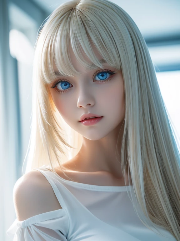 A very beautiful albino girl、Windy blonde hair clinging to a very beautiful face、Beautiful bright pale sky blue eyes hidden in hair、white glossy skin、Beautiful super long shiny silky super long blonde hair、beautiful bangs、sexy 18 year old very beautiful woman、unparalleled beauty、cheek gloss、beautiful skin、small face beauty、eyeliner、hair over eyes、hair over one eye、hair between eyes、