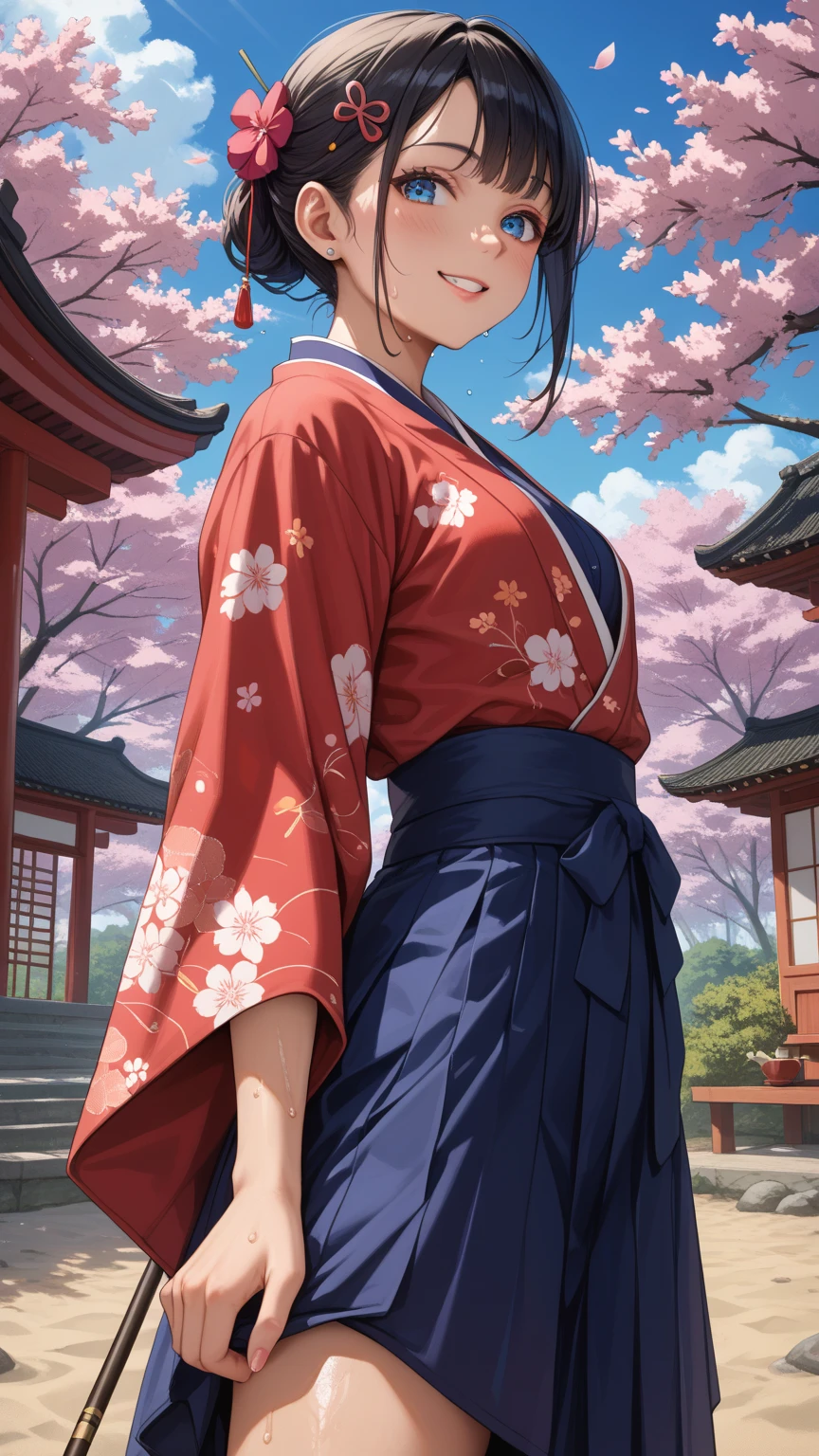 Ultra-detailed, masterpiece, best quality, Goemon girl, solo, striking features, short hazel hair styled in a topknot, piercing green eyes with slanted cat-like corners, detailed freckles across the bridge of her nose and cheeks, intricately designed tattoos covering her arms and torso, representing the symbols of fortune and justice, wearing a traditional Goemon outfit consisting of a red and gold hakama, a blue kimono, and a brown obi belt, surrounded by lush greenery and blooming cherry blossoms, creating a peaceful and serene atmosphere, a traditional Japanese fan in one hand and a katana sword concealed in a hidden sheath
