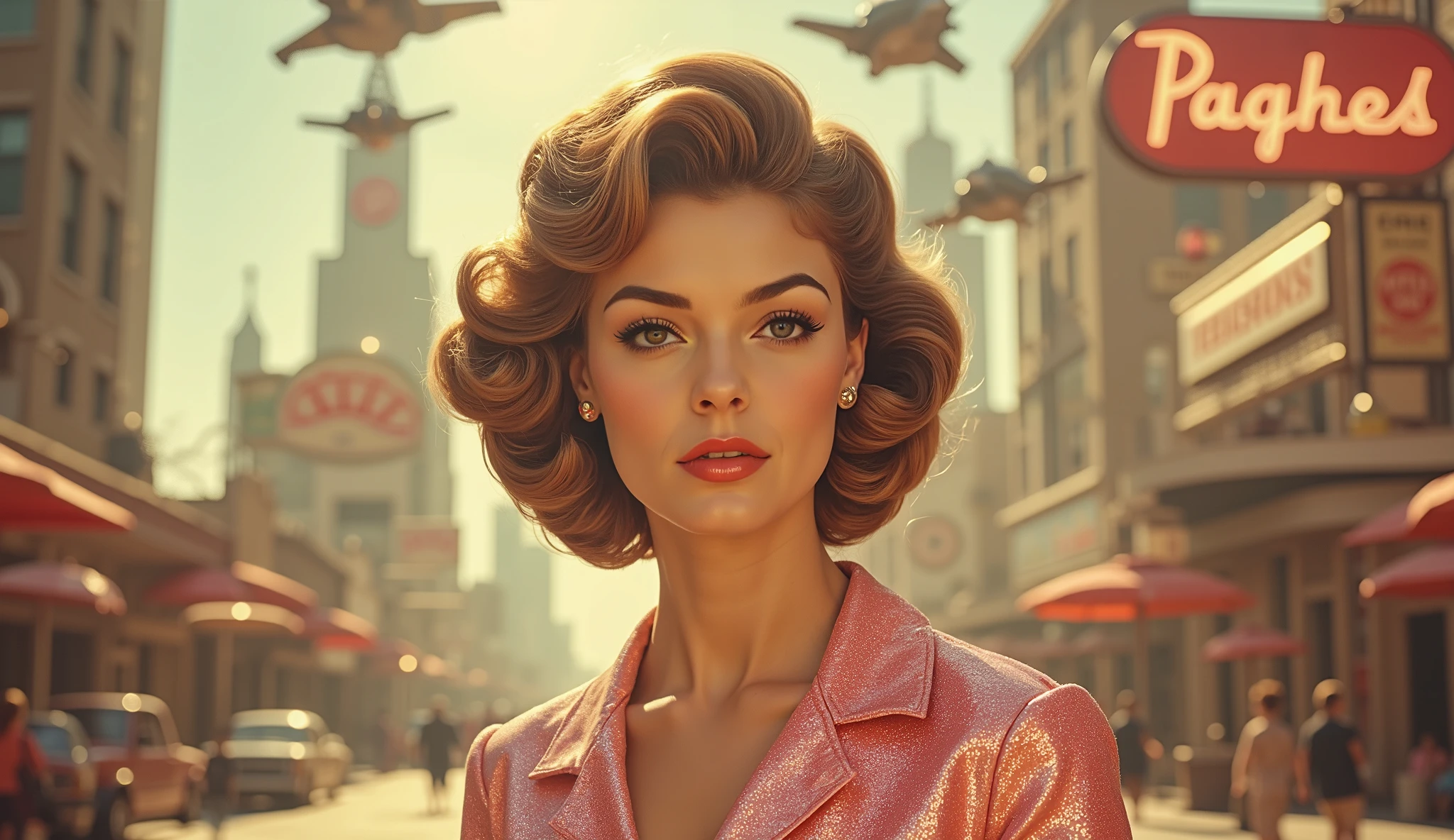 Stylish woman in a shimmering pink latex dress walking through a 1950s-inspired futuristic city plaza, neon signs, flying cars above, golden-hour sunlight, elegant retro hairstyle with soft waves, confident expression, glossy lips, detailed background, cinematic glow, retro-futuristic style, 4K