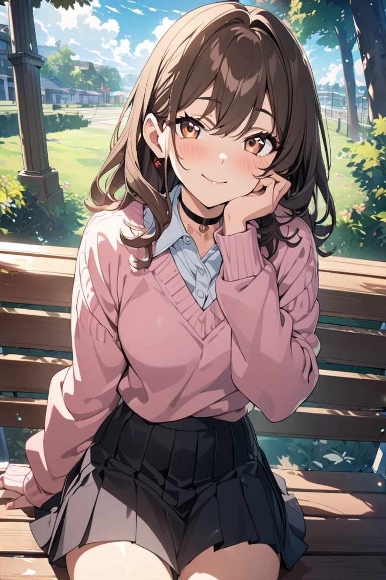 (table top), (highest quality), (super detailed), 1 girl, sexy pose, blush, ((open casual cardigan:1.2)), Happy, looking at the viewer, big hair, brown hair, wood々in a park with,bench, shy ,sitting on the ground, ((alone)) ,anxiety, blush, Naughty,from below,Because I'm slender,(shiny skin, wet skin:0.8), sweating, Rain,~ side, from the front, From above,Been wet here for a long time, ((show off panties)), ((show off bra)), ((MNI Skirt)),