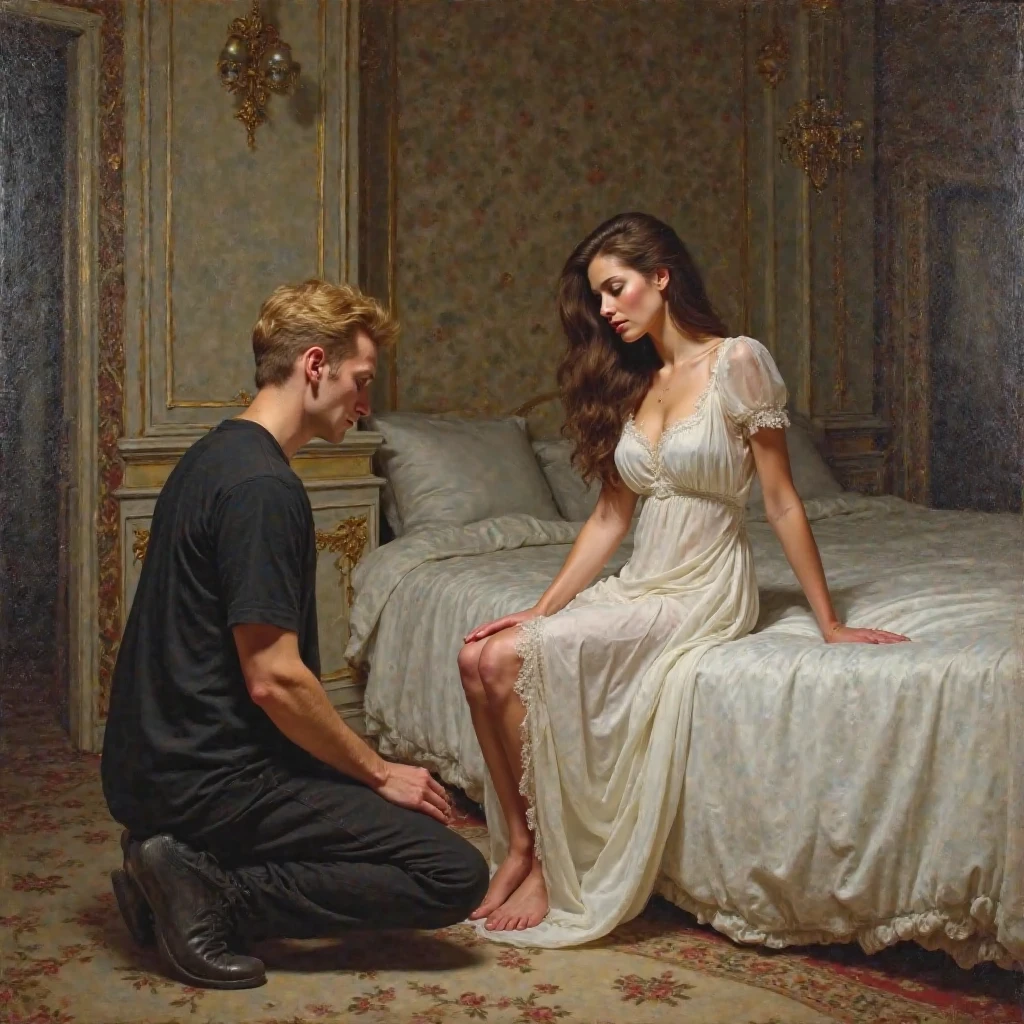 A beautiful princess sleeps in a rococo room on a king bed, The prince stands next to her and kisses her forehead, beautiful, romantic