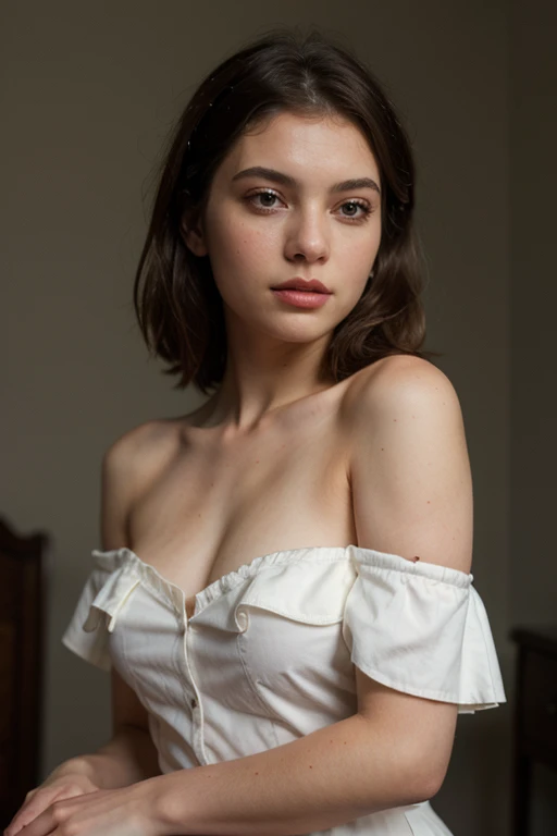 ((best quality)), ((masterpiece)), (detailed), perfect face realistic photo of beautiful woman with long dark brown hair, Russian, influencer, light freckles, dark brown eyes, big lips, no makeup, insagram, a black and white photo of a woman in a dress, a black and white photo, tumblr, corset, mario testino, beautiful morning, in white clothes, beautifully soft lit, decolletage, old timey, gentleman, beautifull, adorable, i_5589.jpeg, revealing clothes, belle, sheer, big!!!!!!!!!!!!