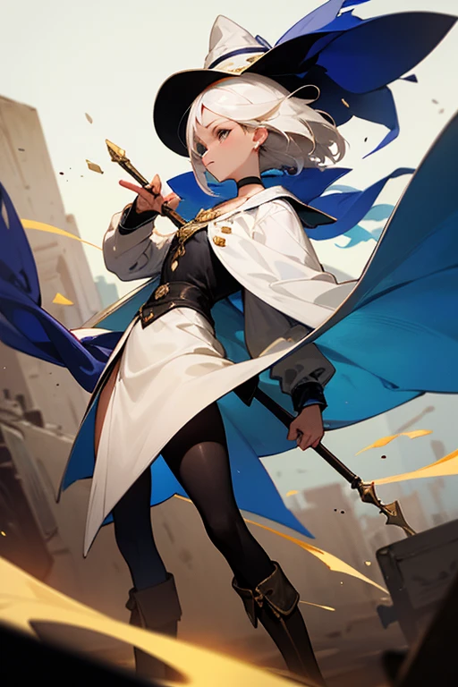 a beautiful, tall young woman ( 180 cm) with a curvy yet athletic and muscular build, chin-length, Sky blue eyes and White hair with a fringe styled into a ponytail with an ample very big chest (E-cup chest), gracefully curved legs, and nearly translucent skin, wore a fitted tunic of deep indigo, accented with silver thread that hinted at her noble lineage. Beneath, she had sturdy leather breeches, allowing for ease of movement in battle. A wide belt cinched her waist, adorned with pouches and a beautiful sword. Her boots, practical yet finely crafted, reached mid-calf. The outfit blended elegance with functionality, reflecting her strength and status as a warrior.