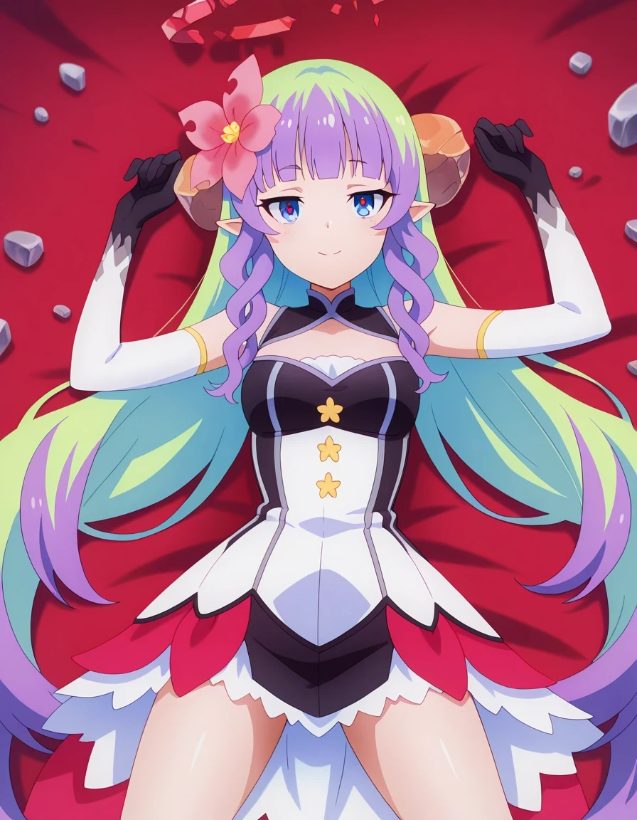 anime screencap, masterpiece, drill sidelocks, blunt bangs, multicolored hair, very long hair, blue eyes, red pupils, pointy ears, hair flower, hair ornament, broken halo, bare shoulders, cleavage cutout, elbow gloves, high quality, solo, lying, on back, arms up, legs apart, closed mouth, on bed, from above, three-quarter portrait, looking at viewer, smile, best quality,