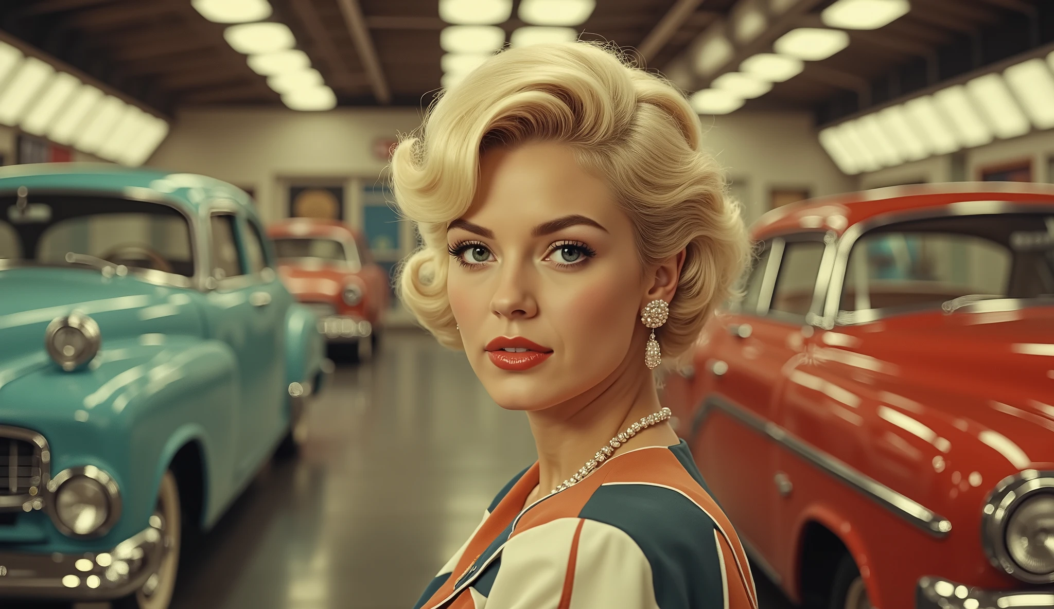 Sophisticated woman with platinum blonde hair and pearl earrings, posing in front of retro cars inside a 1950s-style indoor auto showroom, geometric multicolor dress, smooth glossy lighting, confident look, nostalgic sci-fi vibe, rich tones, cinematic frame, 4K
