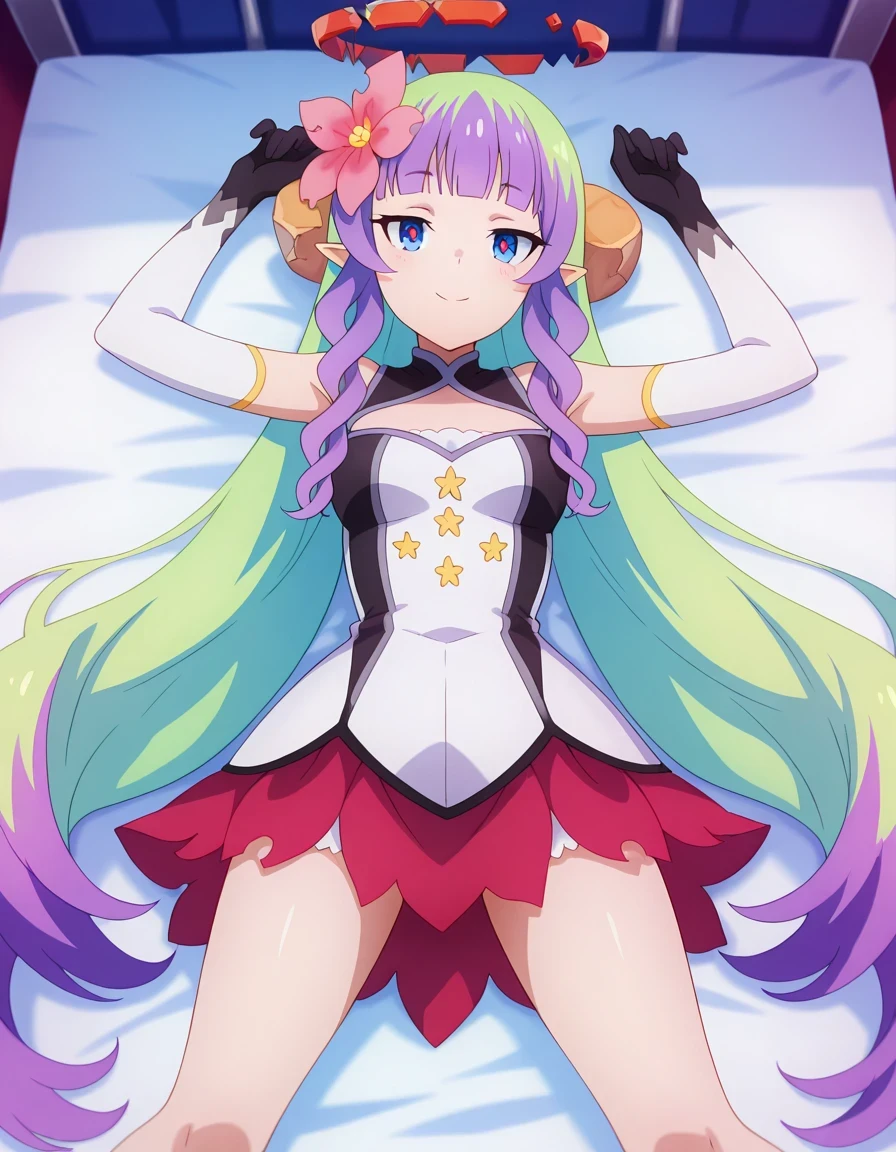anime screencap, masterpiece, drill sidelocks, blunt bangs, multicolored hair, very long hair, blue eyes, red pupils, pointy ears, hair flower, hair ornament, broken halo, bare shoulders, cleavage cutout, elbow gloves, high quality, solo, lying, on back, arms up, legs apart, closed mouth, on bed, from above, three-quarter portrait, looking at viewer, smile, best quality,