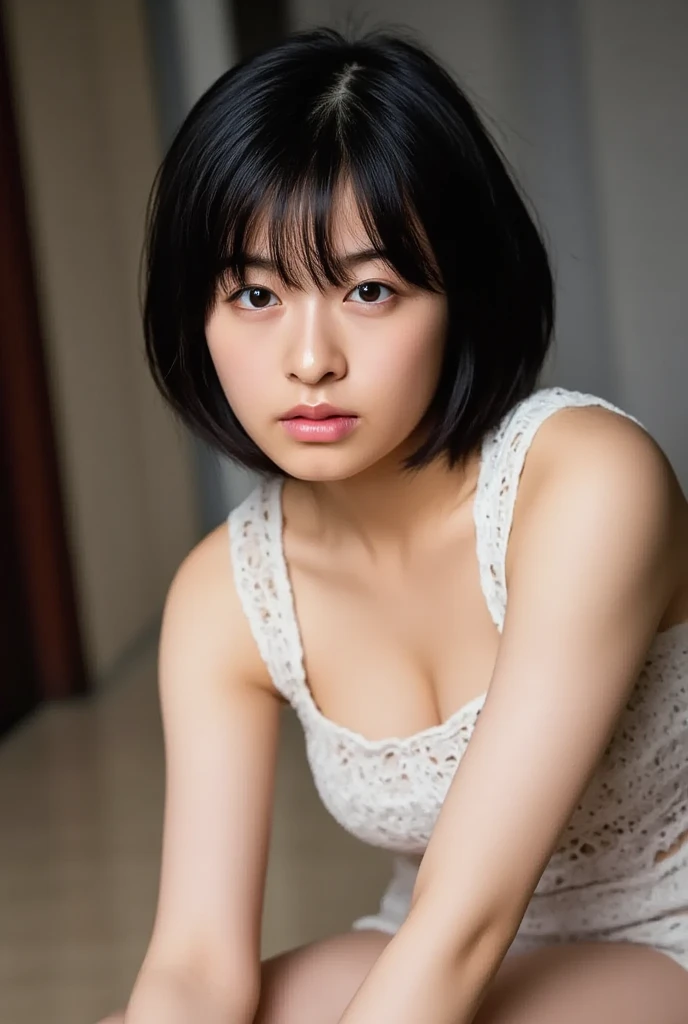 Big Breasts、Lace Underwear、See-through、Glaring at the camera、Cinematic composition、born々New skin texture、Arm hair、Realistic skin texture (1.8), Pore details (1.7), Fine vellus hair (1.7), Micro skin relief (1.6), Natural skin moisture (1.5), Skin translucency (1.6), Soft skin highlights (1.7), Subtle goosebumps (1.4), Subsurface scattering (1.7), Macro skin detail (1.8)Black sleeveless、pores、 Dark Room,Always Details,finely,High resolution, HDR,Deep Shadows,High Contrast,(8K、born写真、Highest quality、masterpiece:1.2)、(Realistic,Photorealistic:1.8) ,whole body,Amazing beautiful eyes,Natural Lip,(Saggy breasts:1.1)( Squint eyes :1.1)Black camisole, Sheer camisole (1.8), Silky fabric (1.7), Translucent material (1.8), Subtle shimmer (1.6), Soft draping (1.7), Modern cut (1.6), Satin finish (1.6), Barely-there appearance (1.7) 1 girl、Seeing the viewer、Beautifully detailed face,,Half-open mouth,、narrow,Floating Hair,dark brown hair, short hair, brown eyes, front, detailed face,Japanese girl sitting in the middle of the room,Wide angle of view, messy room, looking at camera, black camisole,Arm hair、Brown Hair,Seeing the viewer,Beautifully detailed face, cinematic light,(film gain:1.4)|(VHS Video:1.2)(old analog film photography:1.4) Vintage film (1.8), Analog camera (1.5), Film grain (1.4), Light leak (1.2), Soft focus (1.3), Warm tones (0.2), Retro aesthetic (1.7), Lomography (1.3), Nostalgic atmosphere (1.8), Polaroid-style (1.5), Faded colors (1.9), Dreamy look (1.3), Overexposed (1.1), Vignette effect (1.8), Blurred edges (1.4),dusty room,Moist Skin、Beautifully detailed face,ace of a woman with parallel eyebrows. Well-groomed, symmetrical, straight lines.