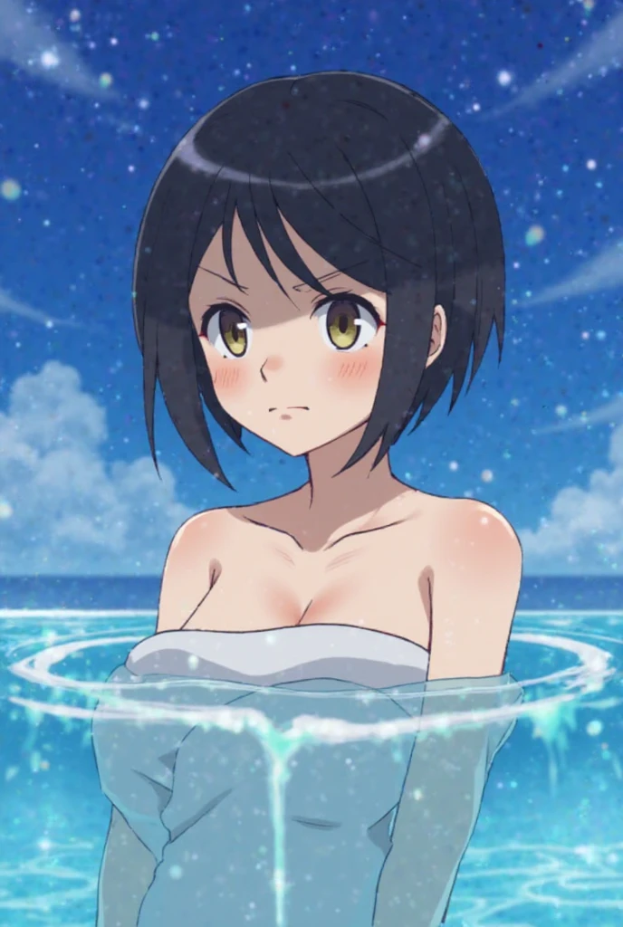 [anime styled]],[[digitalart]],nsfw,Tomomi_saikyou,black hair,Short hair,Hair Ribbon,lying,swimming wear,sandy beach,summer,midium build,,NSFW,1girl in,short torso,anime screen cap,cel shading,smile, (strong light)、((brighten the subject)),sexy pose