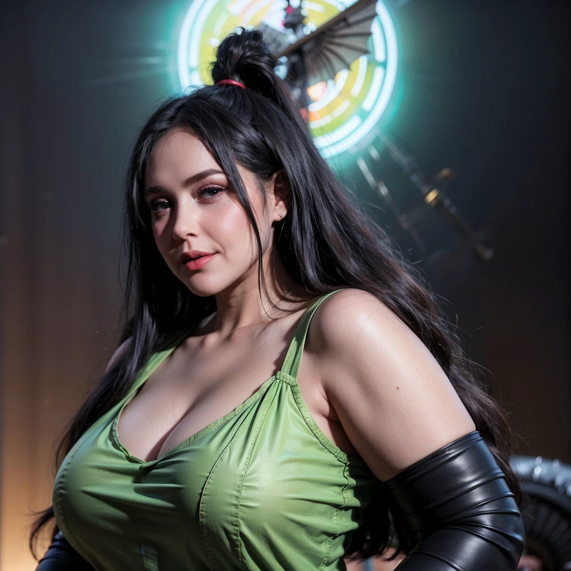 Bodacious seductive Lee Meriwether, wearing bright purple neon green eyeshadow, elaborately coiffed black hair with large side rolls, wearing genie bikini harem outfit, 4K, cinematic, hyper-sharp, hyper-realistic, hyper-detailed, symmetrical, "100% anatomically correct", octane render