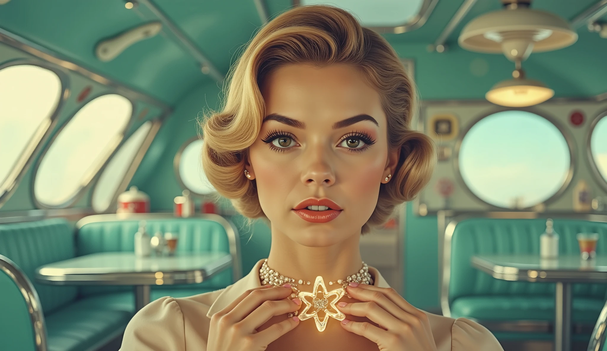 Beautiful woman adjusting a glowing atomic necklace in a turquoise spaceship diner interior, curved chrome furniture and bubble windows around her, soft blush lighting, glossy pastel fashion, sharp facial features, dreamy expression, retro sci-fi chic, cinematic framing, 4K