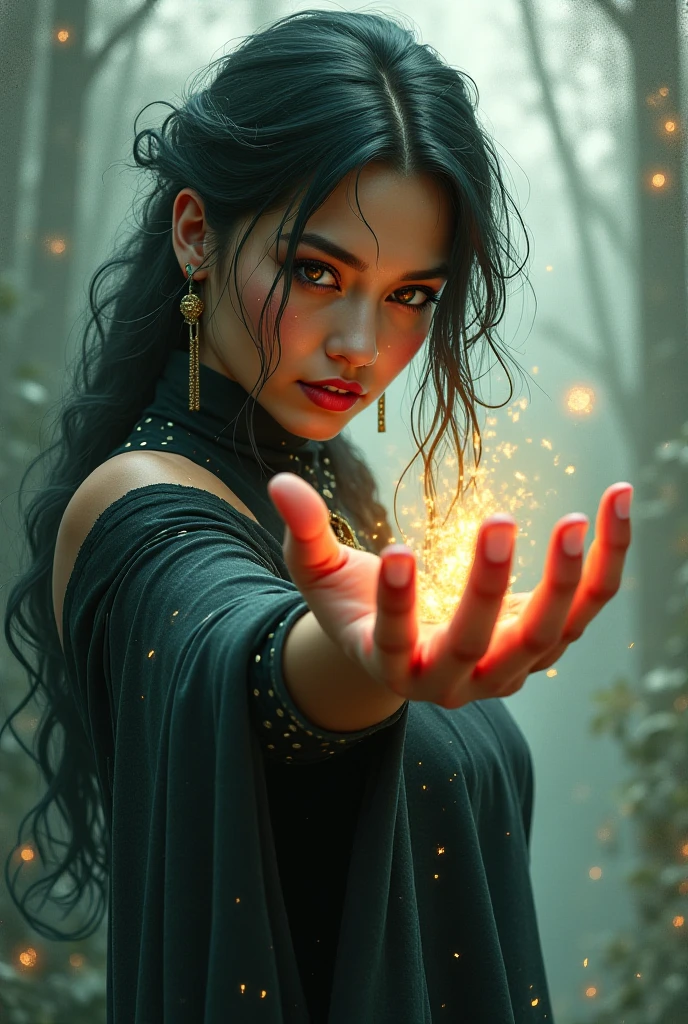 a beautiful sexy witch on a broomstick,pointing at the viewer,seductive gaze,detailed face and eyes,long flowing hair,intricate magical robe,glowing magical energy,dramatic lighting,dark fantasy,moody atmosphere,rich colors,cinematic composition,photorealistic