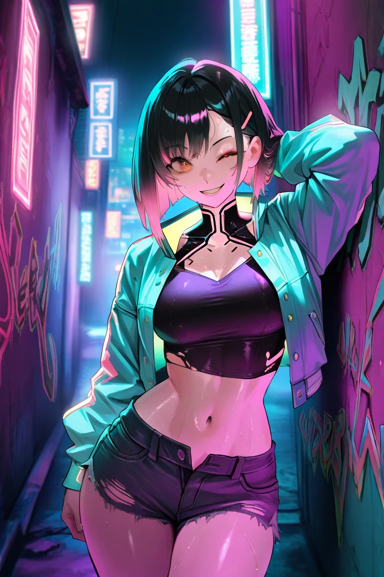 (anime artwork, anime style, studio anime, very detailed, up to date, vibrant, Anime Coloring, high contrast, masterpiece:1.2, best quality, best aesthetics),1 girl,cyber punk clothes, Medium chest, A glimpse of thighs,cyber punk hair, One eye is hidden by the bangs, perfect proportions, high detail skin, Cute, detailed faces, cutout between underboob and shirt,very short pleated miniskirt,makeup, smart phone, head phone, 